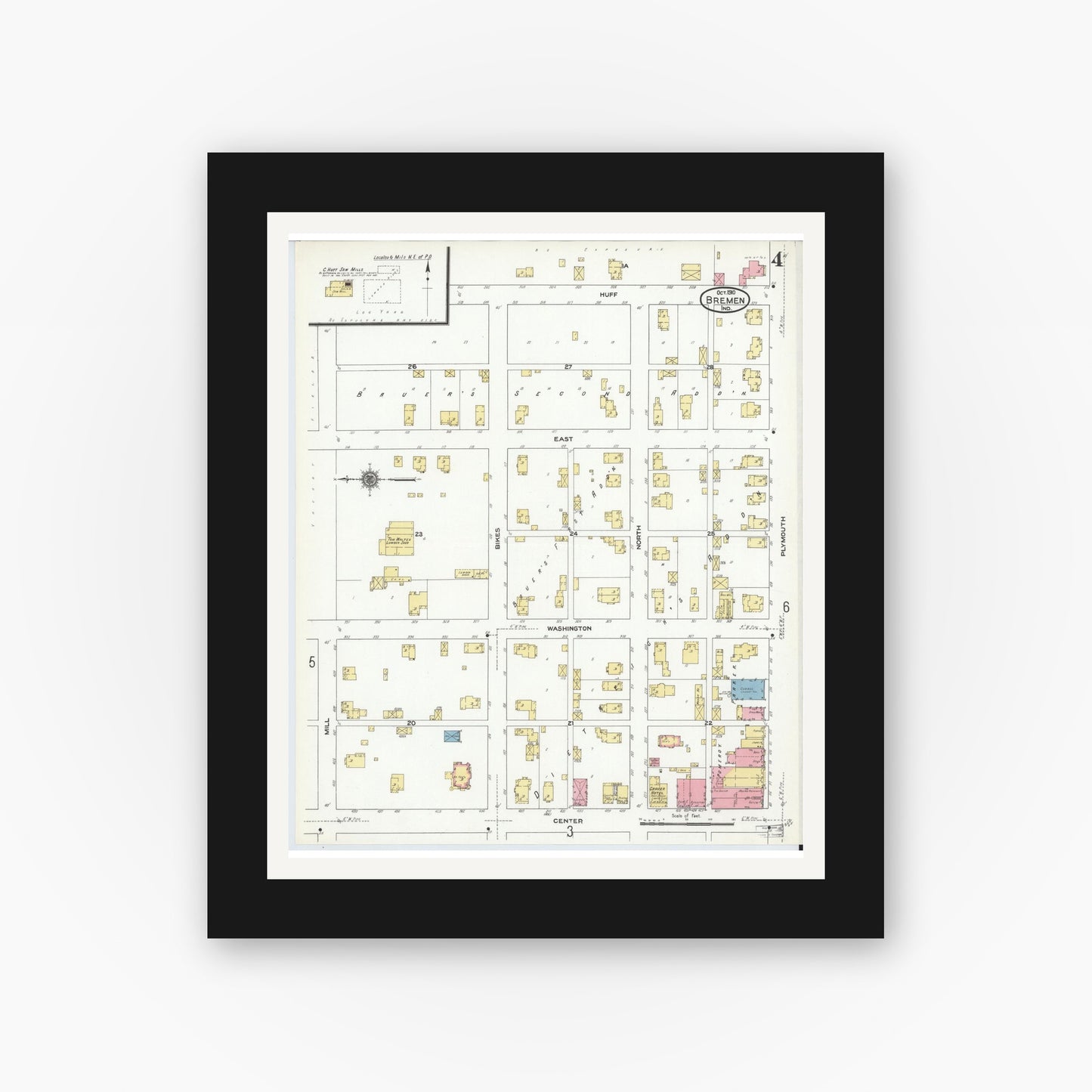 Old map wall art mockup — black gallery frame with white mat — Sanborn Fire Insurance Map from Bremen, Marshall County, Indiana (1910), Sheet #0004