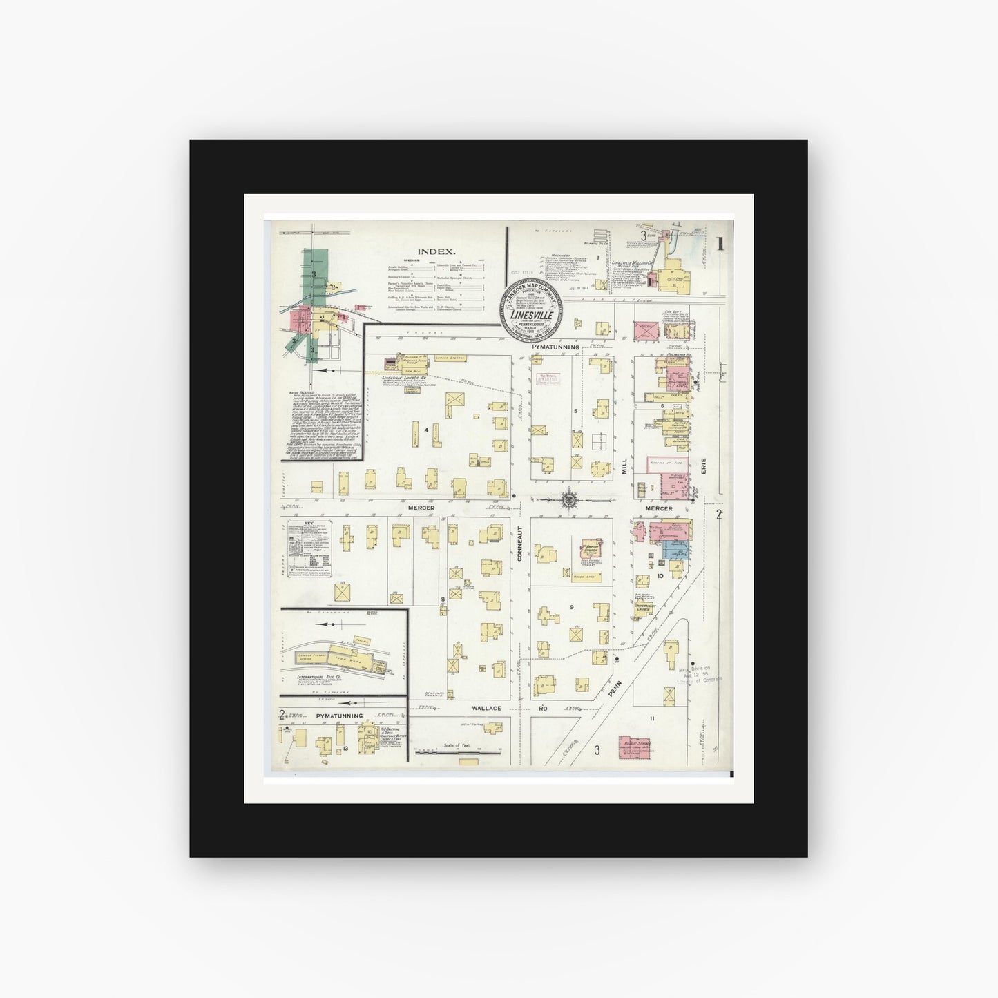 Old map wall art mockup — black gallery frame with white mat — Sanborn Fire Insurance Map from Linesville, Crawford County, Pennsylvania (1911) - Complete Map Set