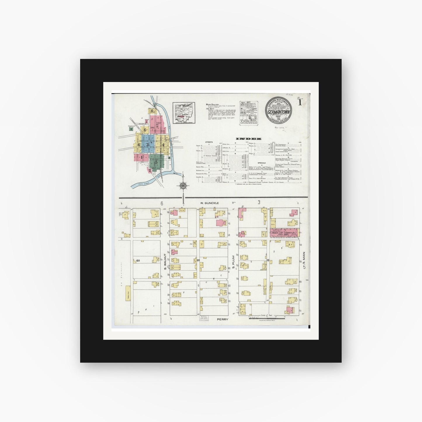 Old map wall art mockup — black gallery frame with white mat — Sanborn Fire Insurance Map from Germantown, Montgomery County, Ohio (1921) - Complete Map Set