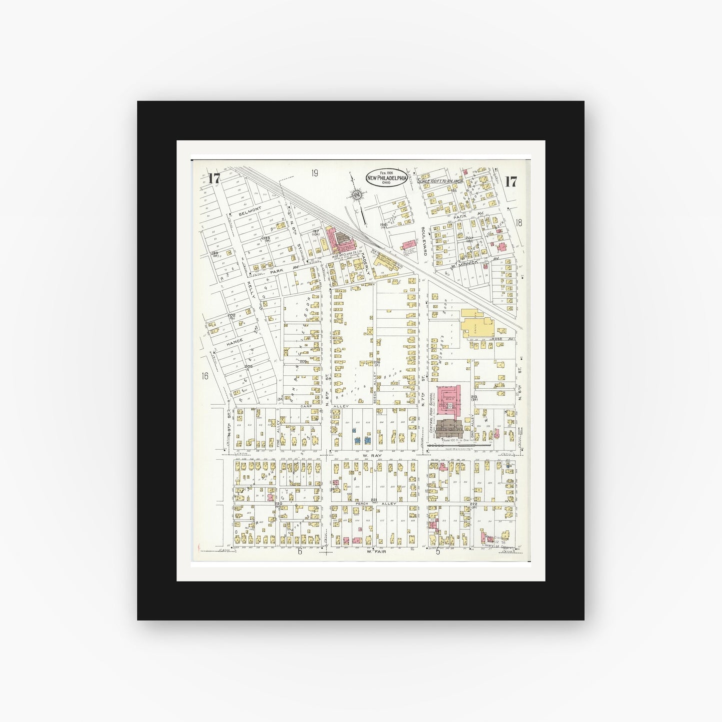Old map wall art mockup — black gallery frame with white mat — Sanborn Fire Insurance Map from New Philadelphia, Tuscarawas County, Ohio (1926), Sheet #0017