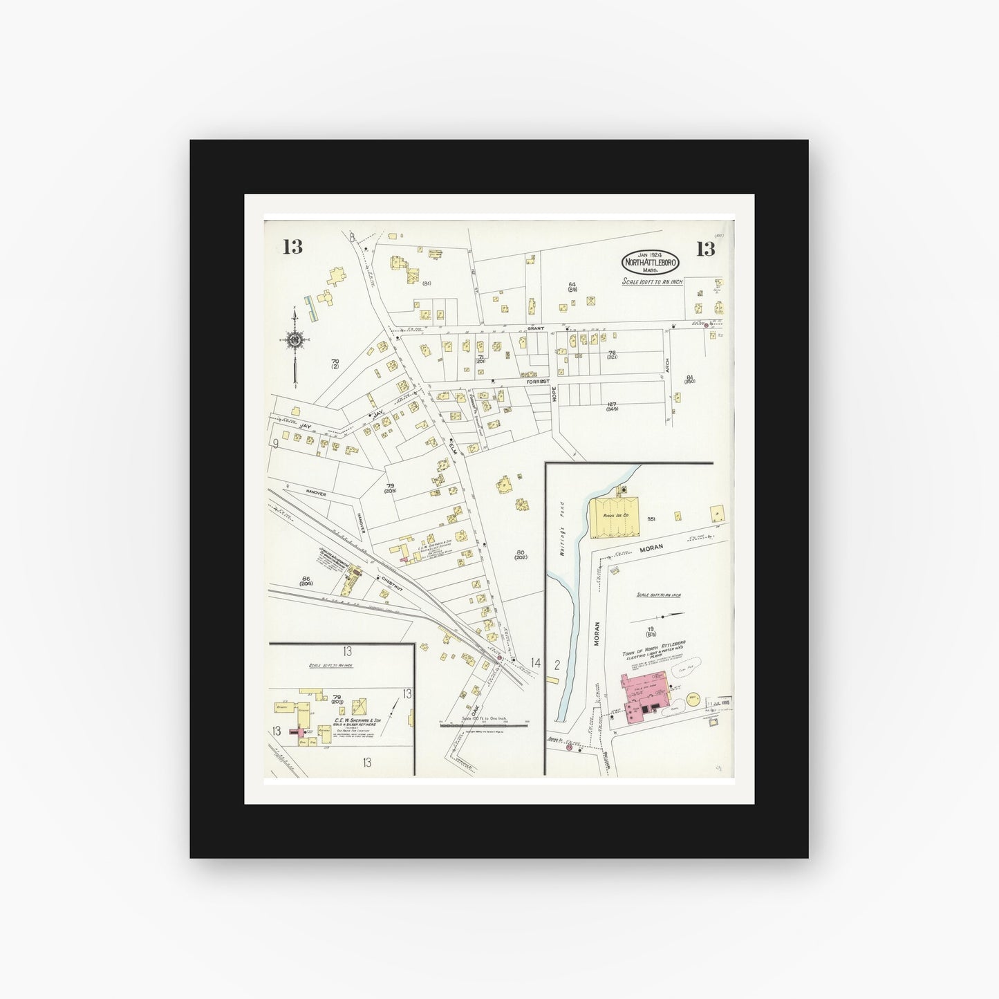 Old map wall art mockup — black gallery frame with white mat — Sanborn Fire Insurance Map from North Attleborough, Bristol County, Massachusetts (1924), Sheet #0013