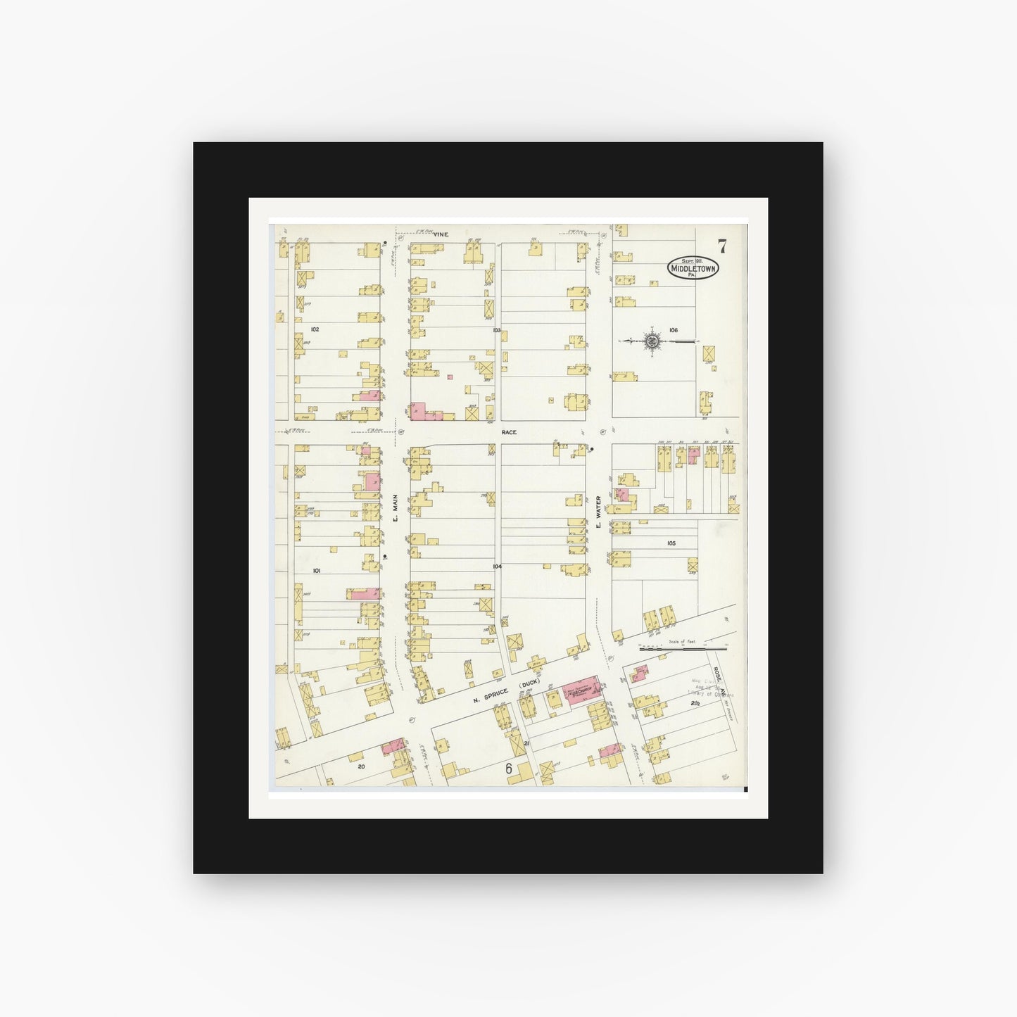 Old map wall art mockup — black gallery frame with white mat — Sanborn Fire Insurance Map from Middletown, Dauphin County, Pennsylvania (1911), Sheet #0007