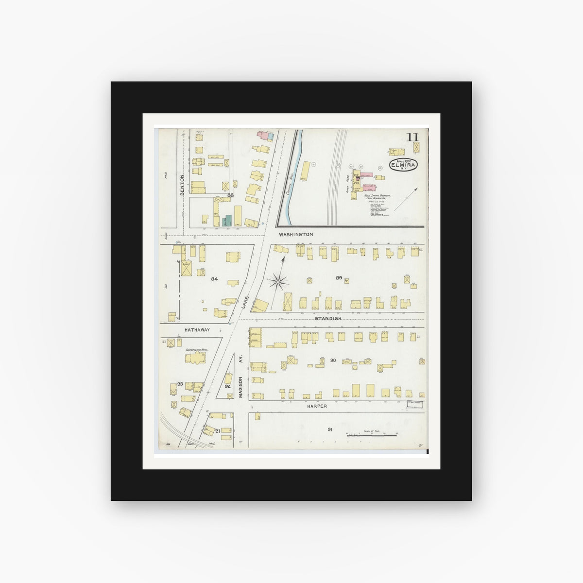 Old map wall art mockup — black gallery frame with white mat — Sanborn Fire Insurance Map from Elmira, Chemung County, New York (1892), Sheet #0011