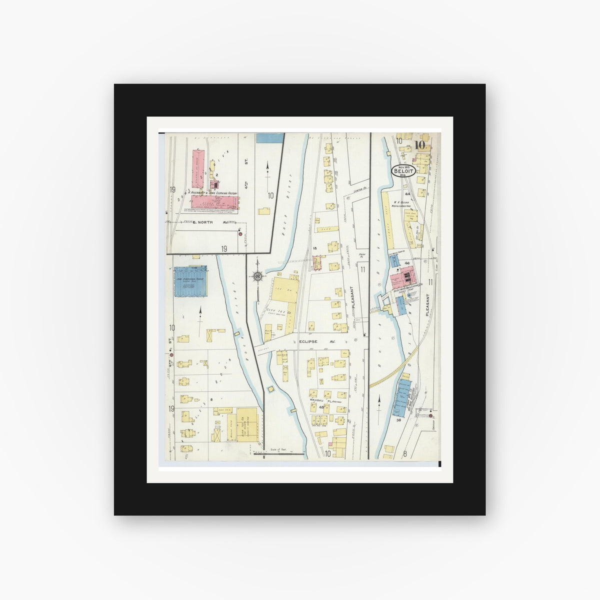 Old map wall art mockup — black gallery frame with white mat — Sanborn Fire Insurance Map from Beloit, Rock County, Wisconsin (1915), Sheet #0010