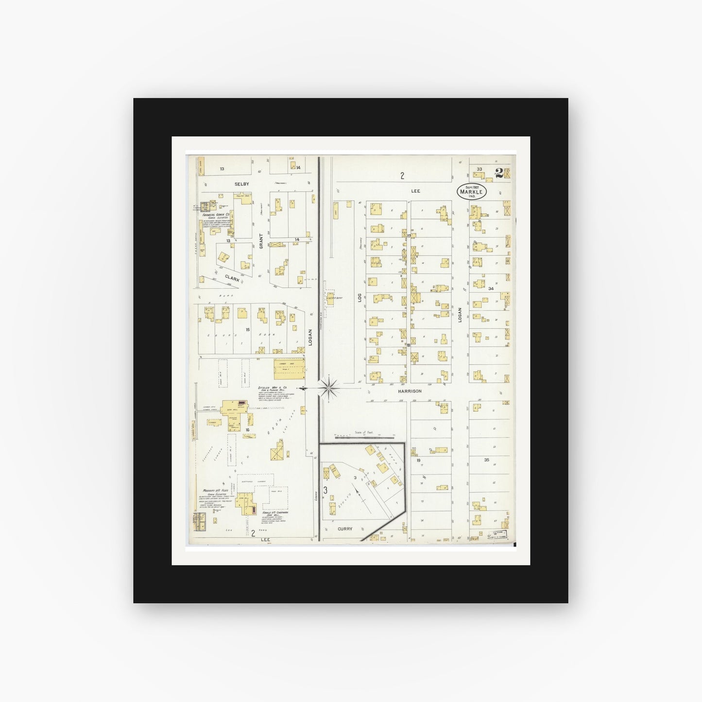 Old map wall art mockup — black gallery frame with white mat — Sanborn Fire Insurance Map from Markle, Huntington County, Indiana (1907), Sheet #0002