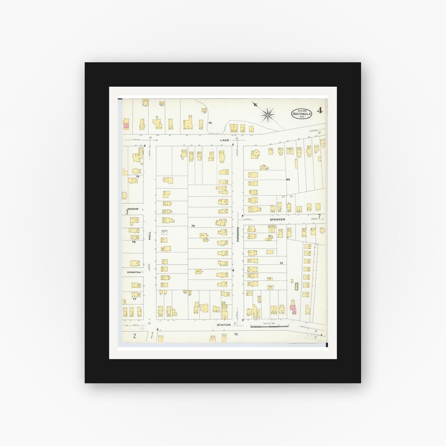 Old map wall art mockup — black gallery frame with white mat — Sanborn Fire Insurance Map from Ashtabula, Ashtabula County, Ohio (1909), Sheet #0004