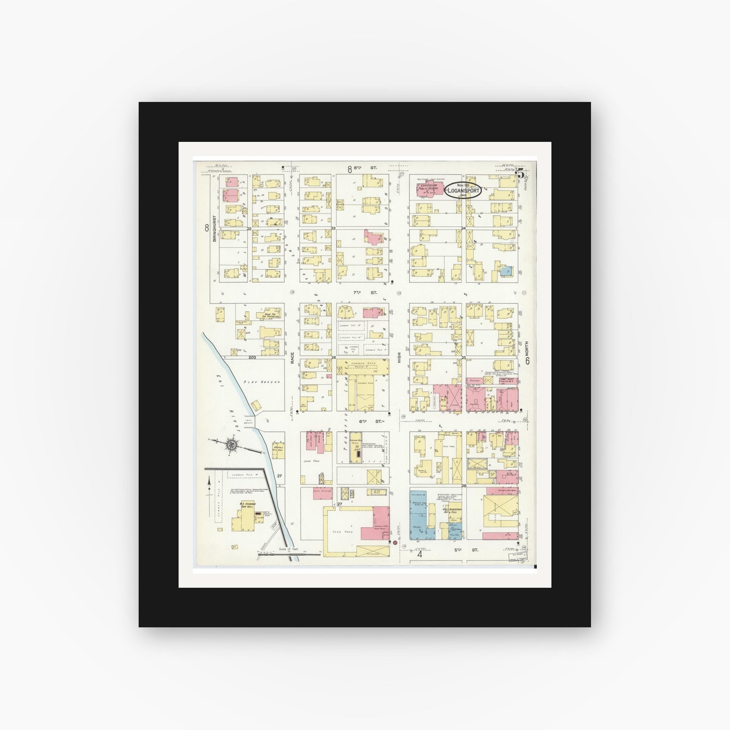 Old map wall art mockup — black gallery frame with white mat — Sanborn Fire Insurance Map from Logansport, Cass County, Indiana (1911), Sheet #0005