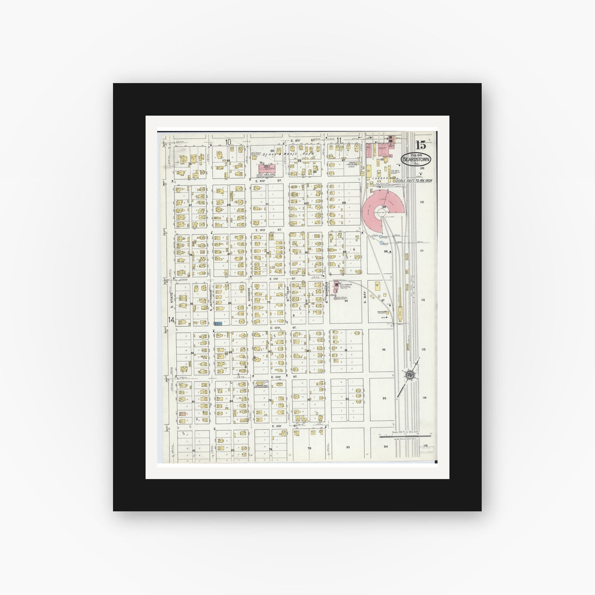 Old map wall art mockup — black gallery frame with white mat — Sanborn Fire Insurance Map from Beardstown, Cass County, Illinois (1919), Sheet #0015