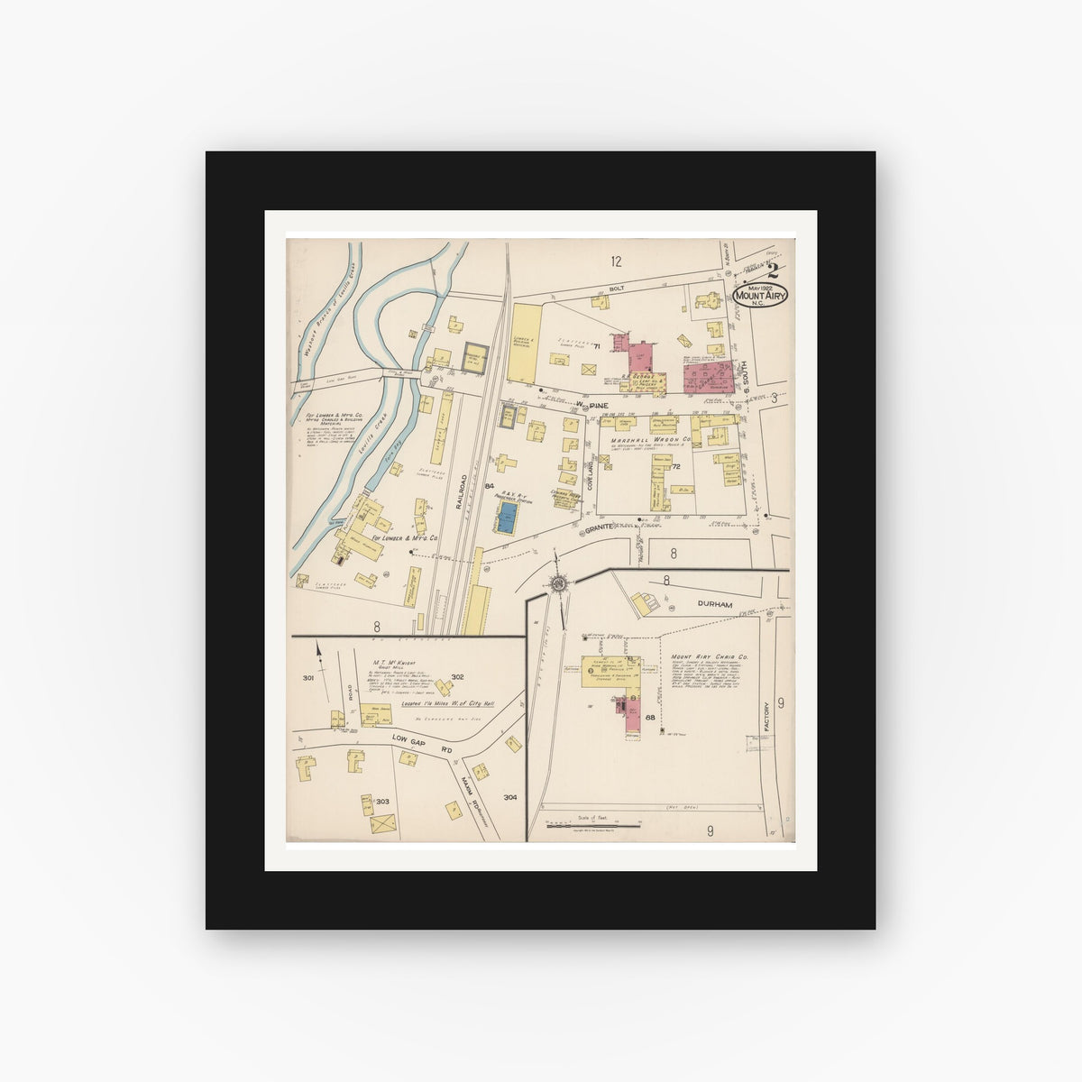 Old map wall art mockup — black gallery frame with white mat — Sanborn Fire Insurance Map from Mount Airy, Surry County, North Carolina (1922), Sheet #0002