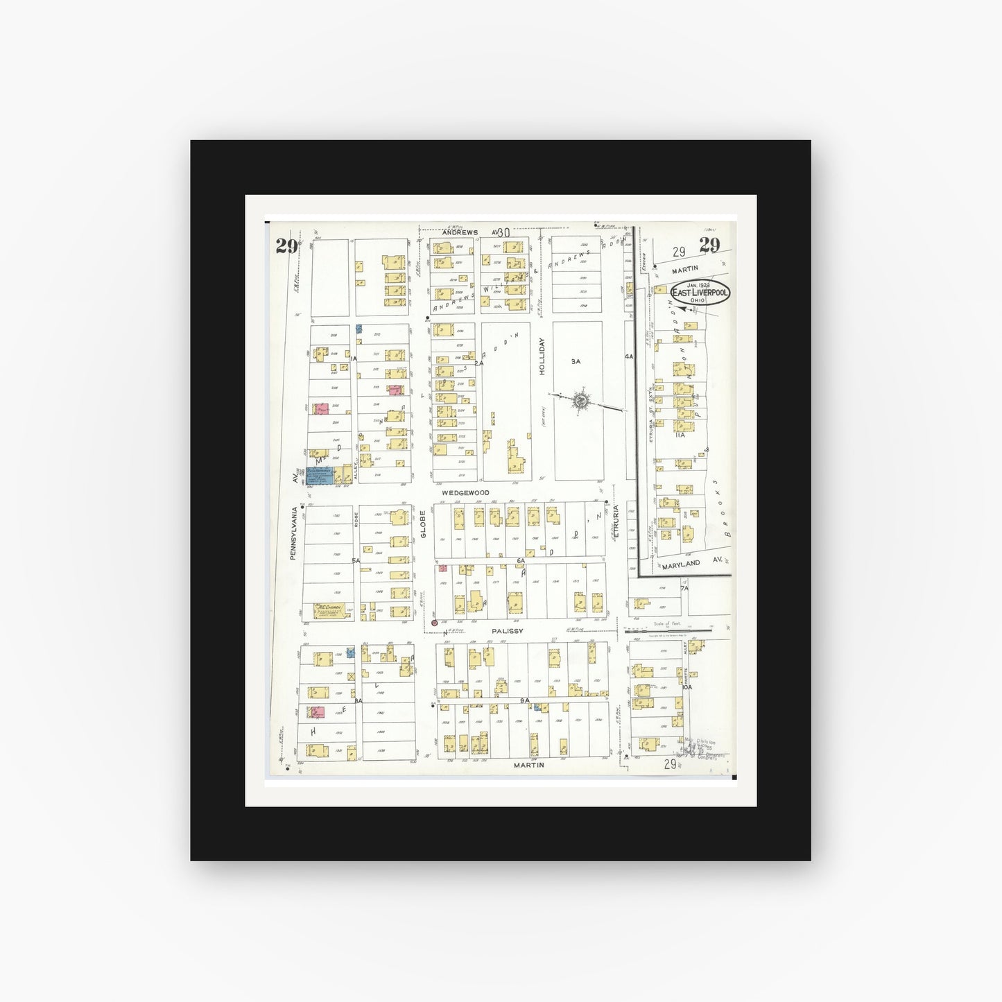 Old map wall art mockup — black gallery frame with white mat — Sanborn Fire Insurance Map from East Liverpool, Columbiana County, Ohio (1923), Sheet #0029