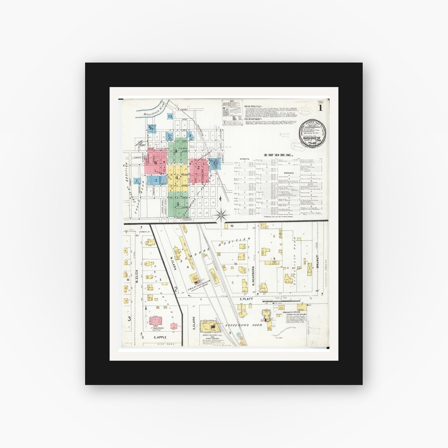 Old map wall art mockup β black gallery frame with white mat β Sanborn Fire Insurance Map from Maquoketa, Jackson County, Iowa (1899), Sheet #0001