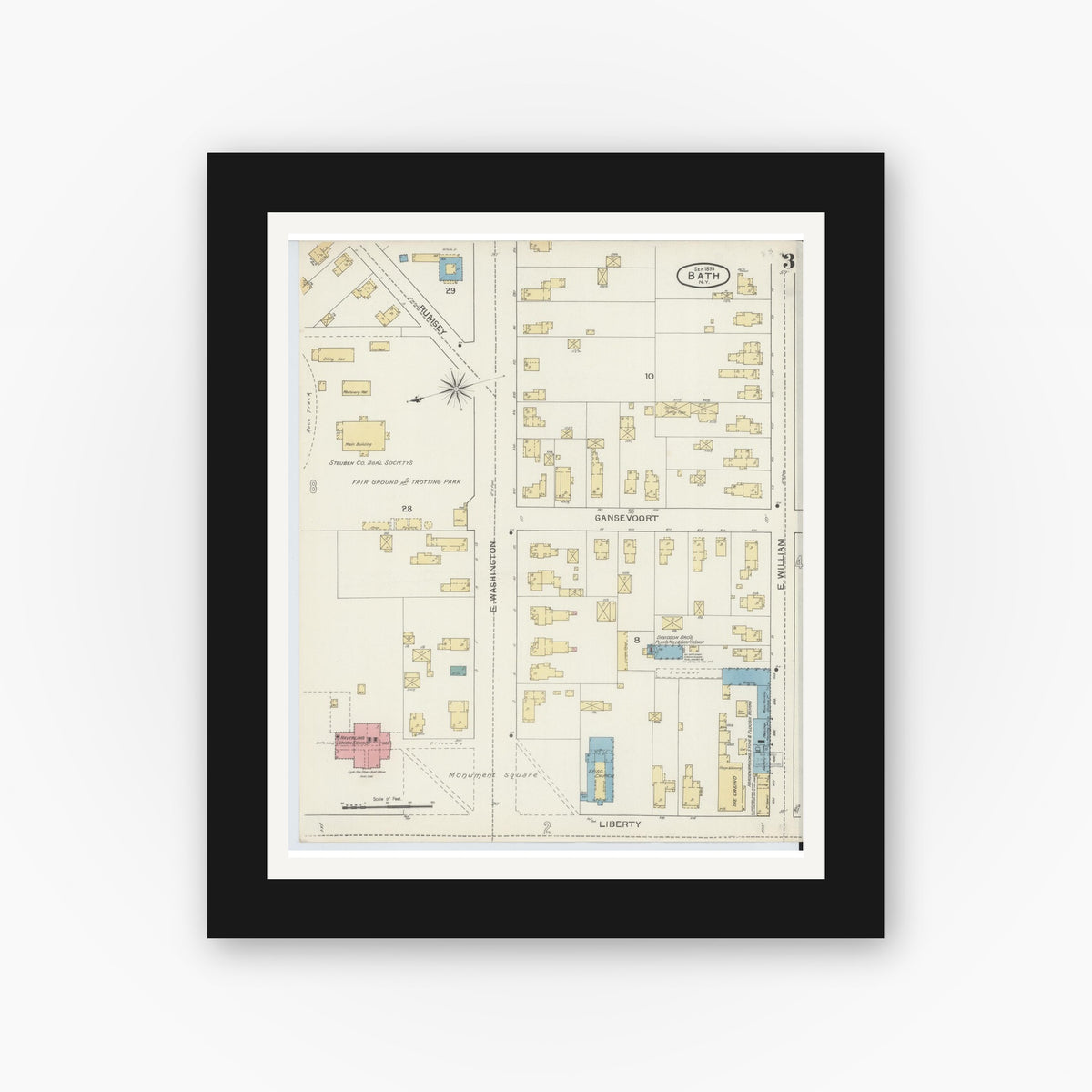 Old map wall art mockup — black gallery frame with white mat — Sanborn Fire Insurance Map from Bath, Steuben County, New York (1893), Sheet #0003