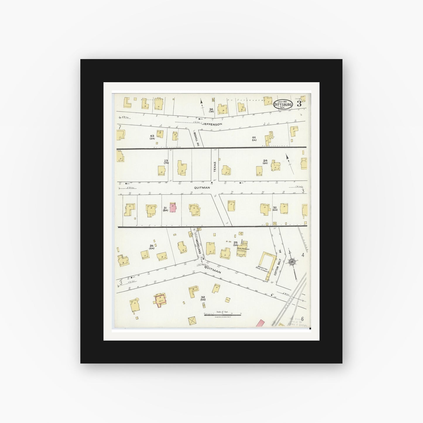 Old map wall art mockup — black gallery frame with white mat — Sanborn Fire Insurance Map from Pittsburg, Camp County, Texas (1921), Sheet #0003