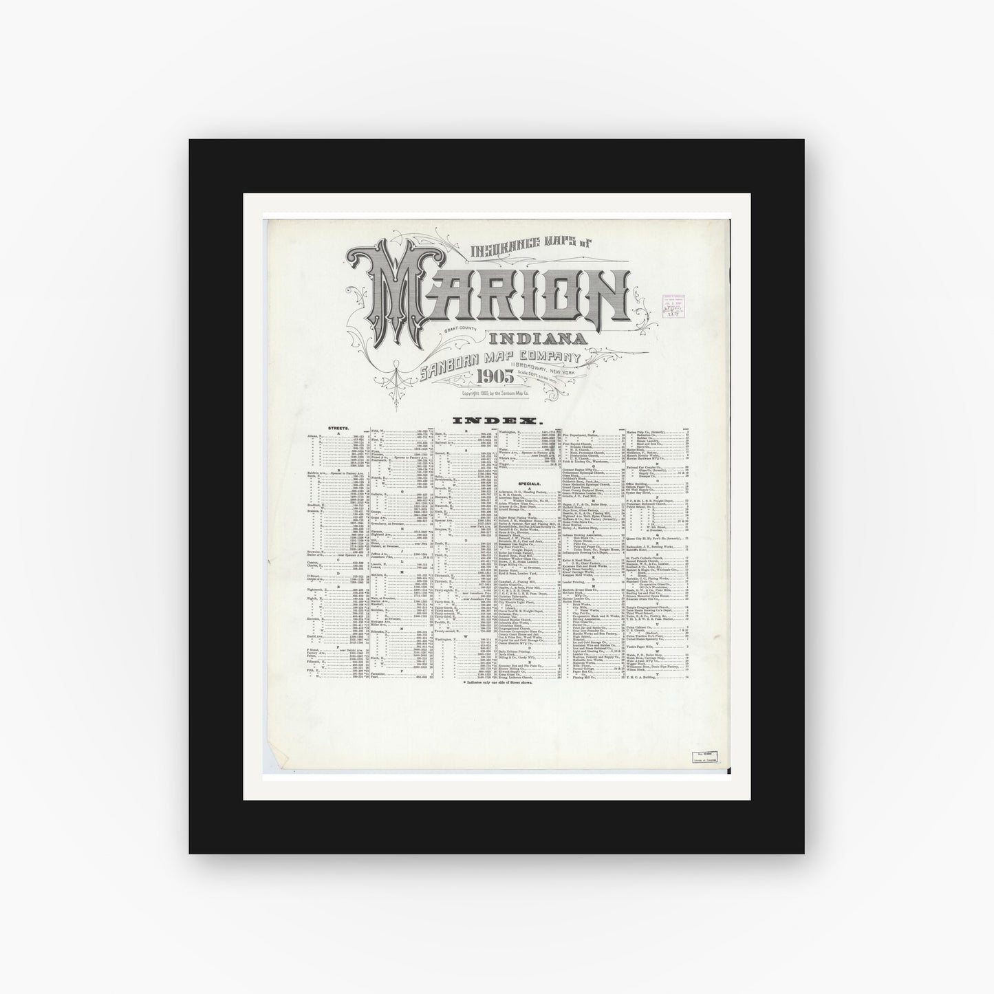 Old map wall art mockup — black gallery frame with white mat — Sanborn Fire Insurance Map from Marion, Grant County, Indiana (1905), Sheet #0001