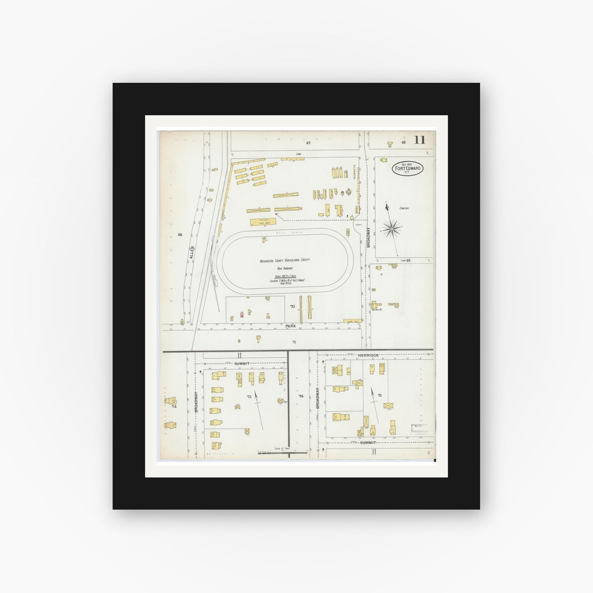 Old map wall art mockup — black gallery frame with white mat — Sanborn Fire Insurance Map from Fort Edward, Washington County, New York (1900), Sheet #0011