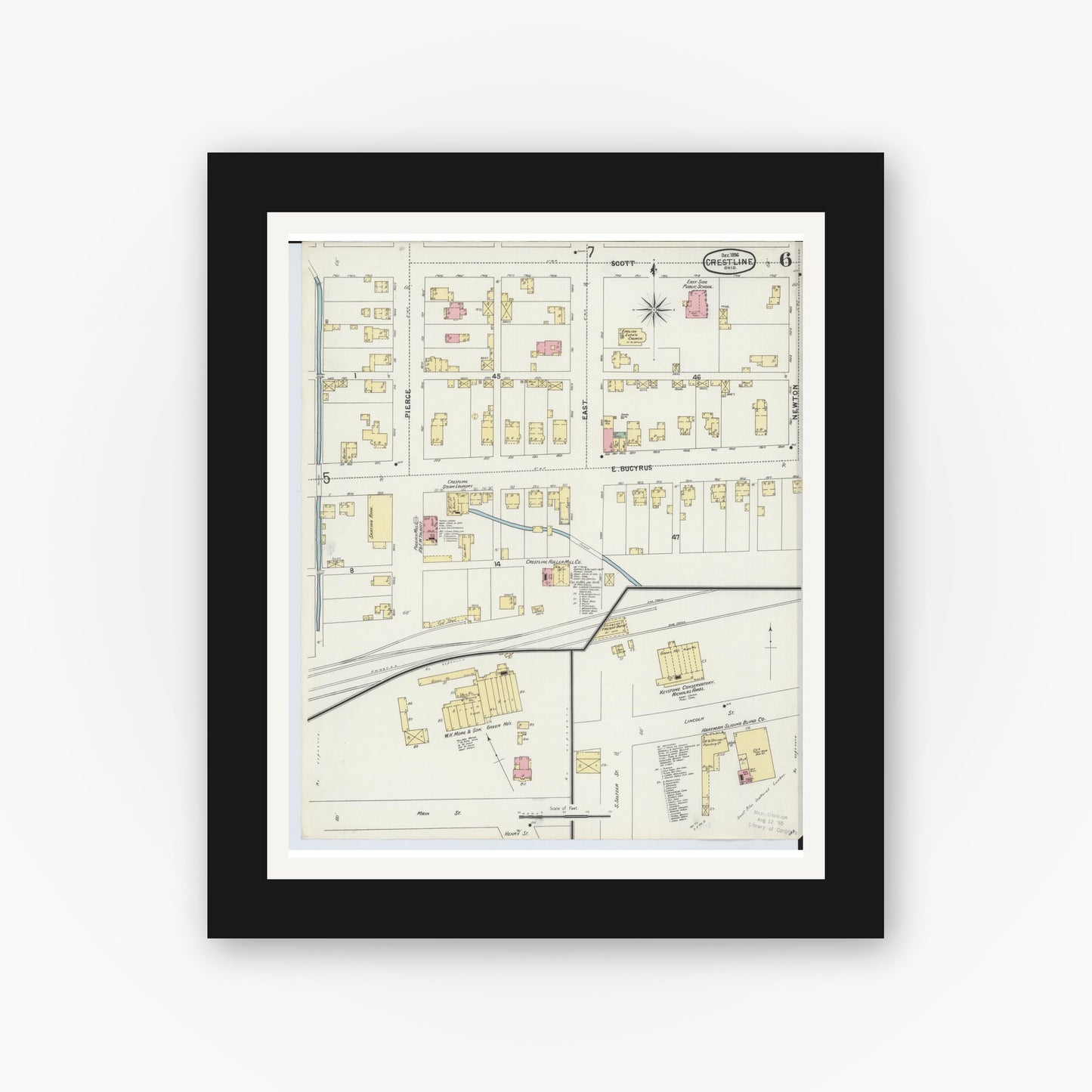 Old map wall art mockup — black gallery frame with white mat — Sanborn Fire Insurance Map from Crestline, Crawford County, Ohio (1896), Sheet #0006