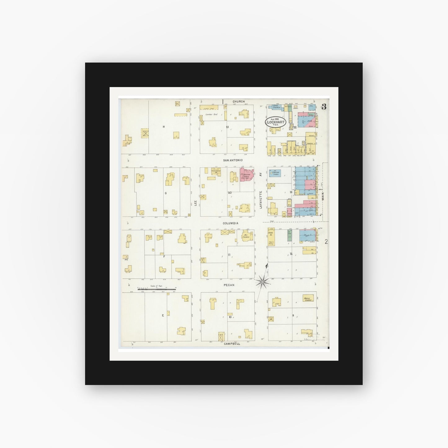 Old map wall art mockup — black gallery frame with white mat — Sanborn Fire Insurance Map from Lockhart, Caldwell County, Texas (1898), Sheet #0003