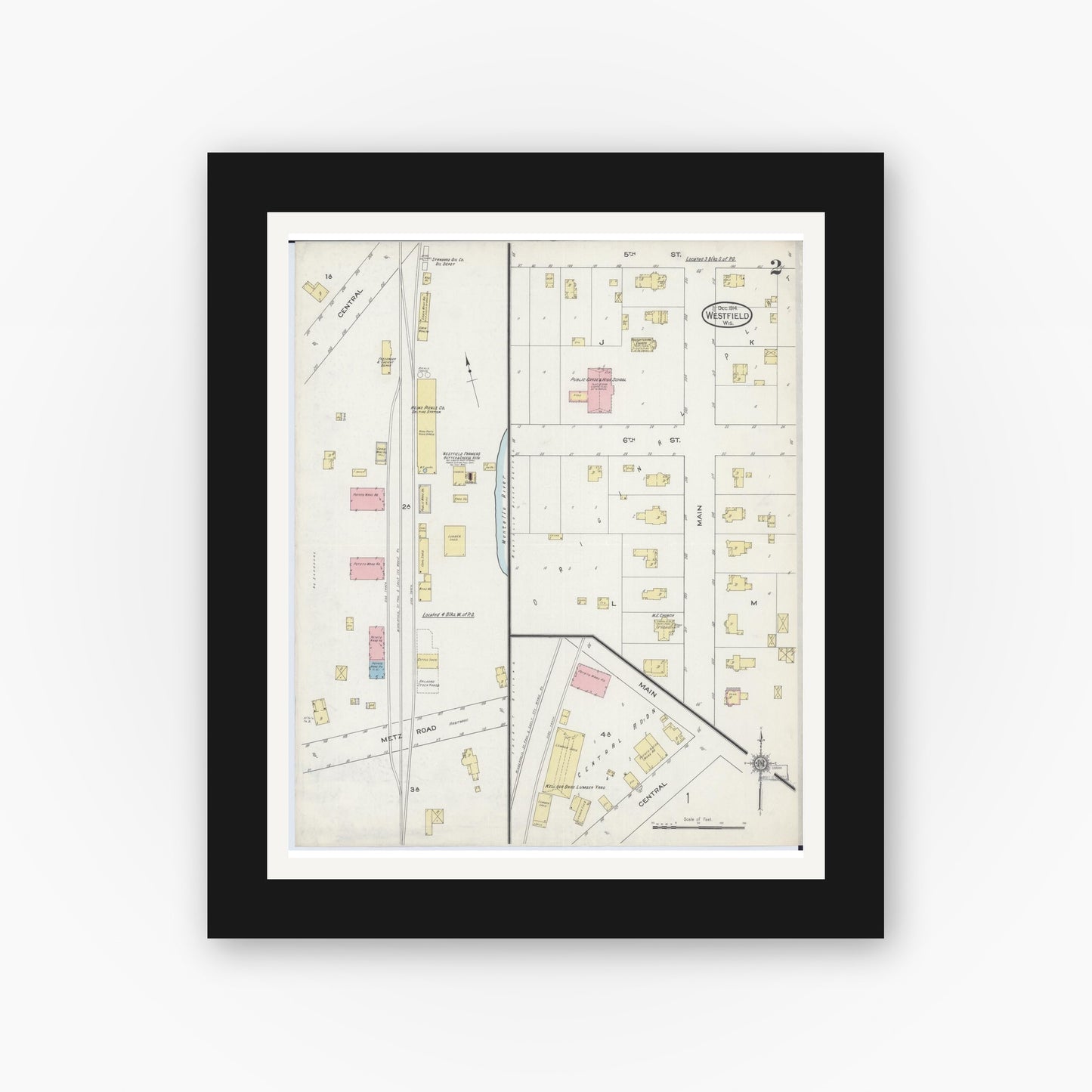Old map wall art mockup — black gallery frame with white mat — Sanborn Fire Insurance Map from Westfield, Marquette County, Wisconsin (1914), Sheet #0002
