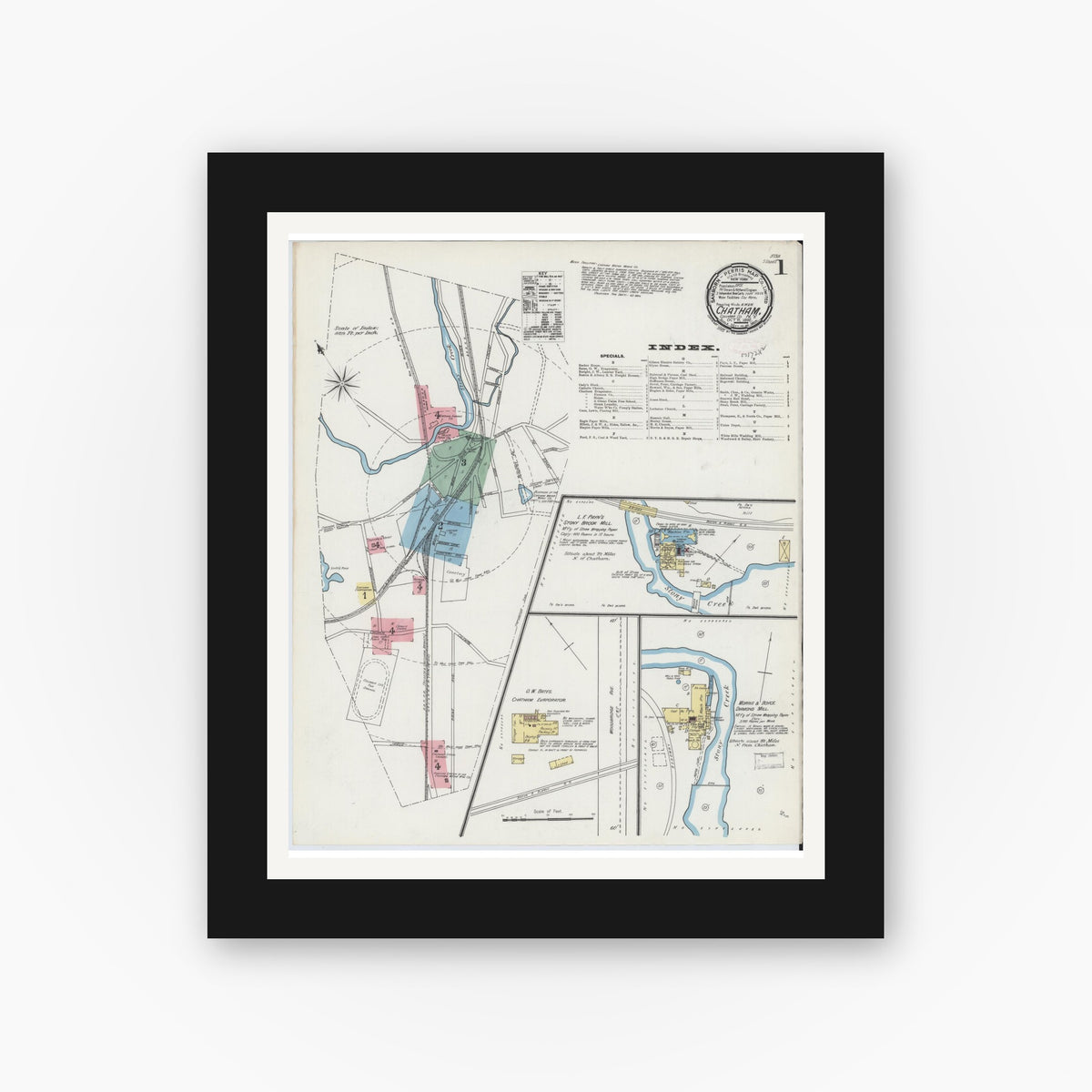 Old map wall art mockup — black gallery frame with white mat — Sanborn Fire Insurance Map from Chatham, Columbia County, New York (1892), Sheet #0001