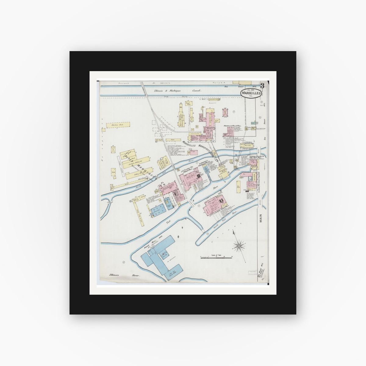 Old map wall art mockup — black gallery frame with white mat — Sanborn Fire Insurance Map from Marseilles, La Salle County, Illinois (1889), Sheet #0003