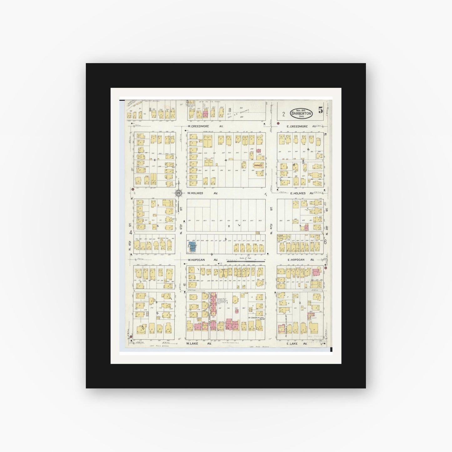 Old map wall art mockup — black gallery frame with white mat — Sanborn Fire Insurance Map from Barberton, Summit County, Ohio (1916), Sheet #0005