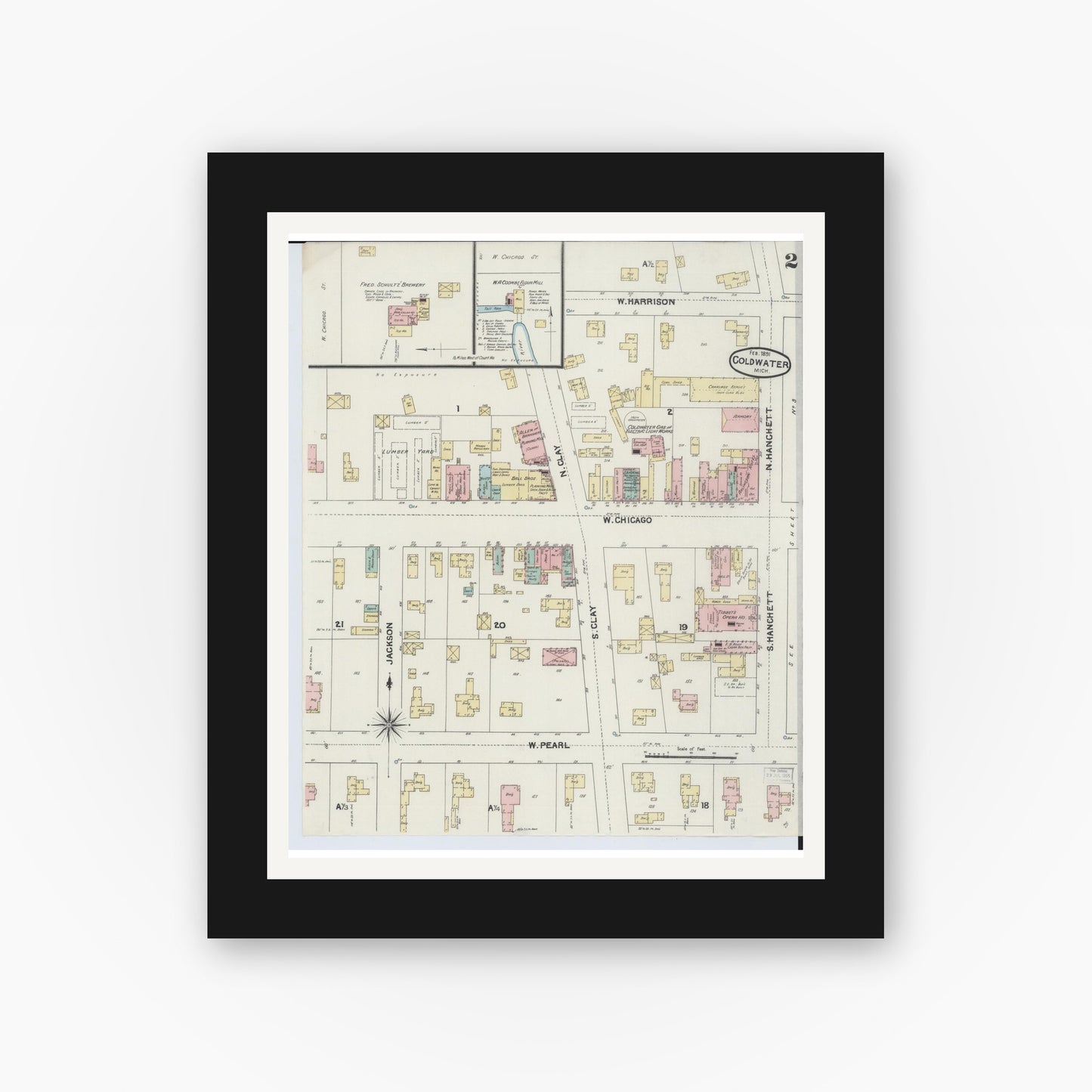 Old map wall art mockup — black gallery frame with white mat — Sanborn Fire Insurance Map from Coldwater, Branch County, Michigan (1891), Sheet #0002