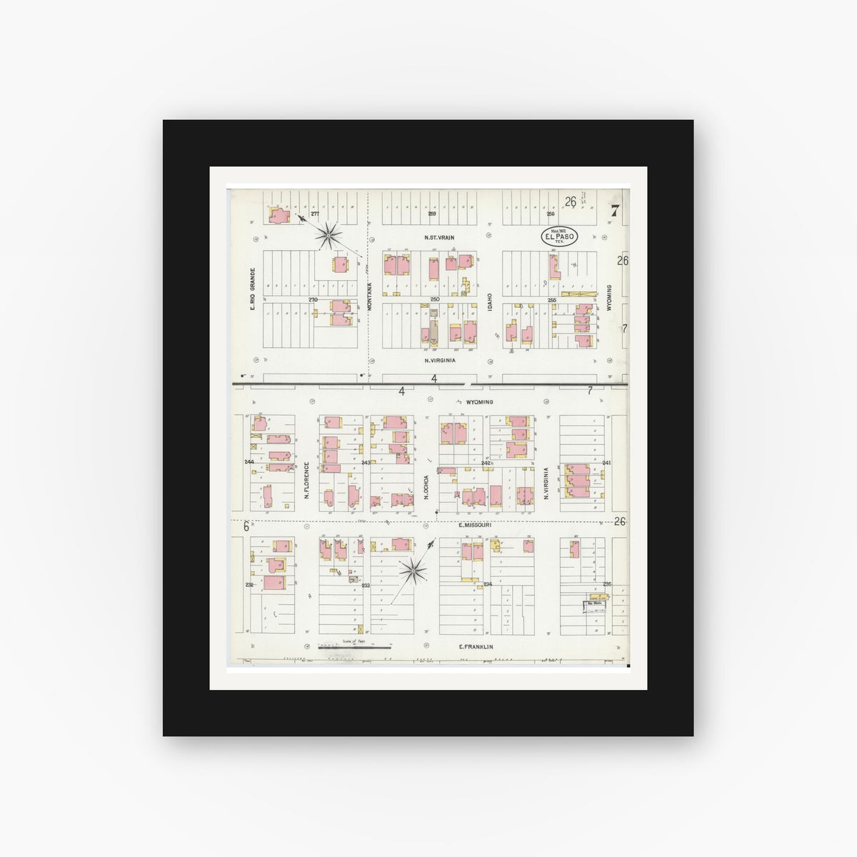 Old map wall art mockup — black gallery frame with white mat — Sanborn Fire Insurance Map from El Paso, El Paso County, Texas (1902), Sheet #0007