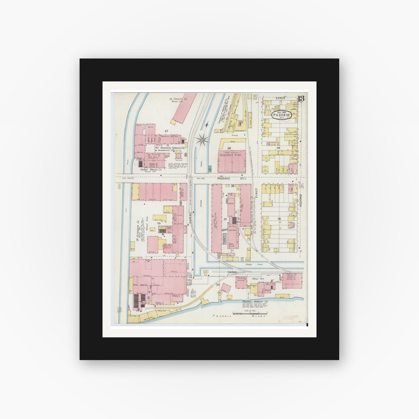 Old map wall art mockup — black gallery frame with white mat — Sanborn Fire Insurance Map from Passaic, Passaic County, New Jersey (1894), Sheet #0013