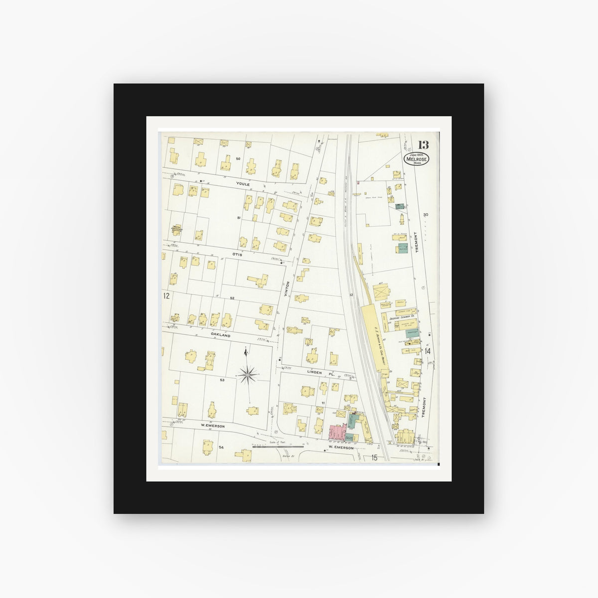 Old map wall art mockup — black gallery frame with white mat — Sanborn Fire Insurance Map from Melrose, Middlesex County, Massachusetts (1909), Sheet #0013