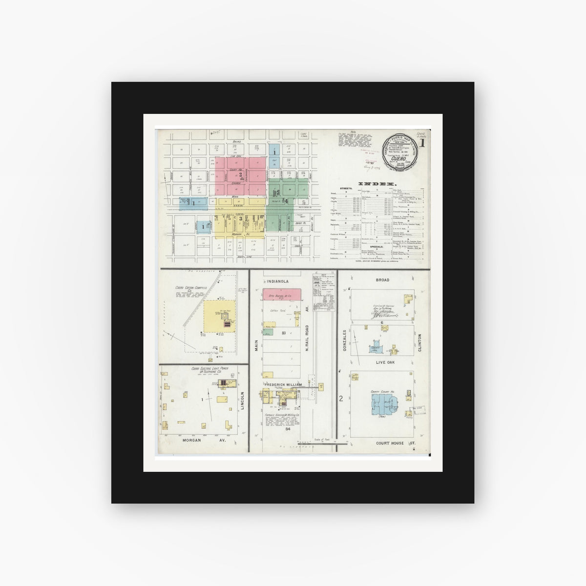 Old map wall art mockup — black gallery frame with white mat — Sanborn Fire Insurance Map from Cuero, De Witt County, Texas (1896) - Complete Map Set