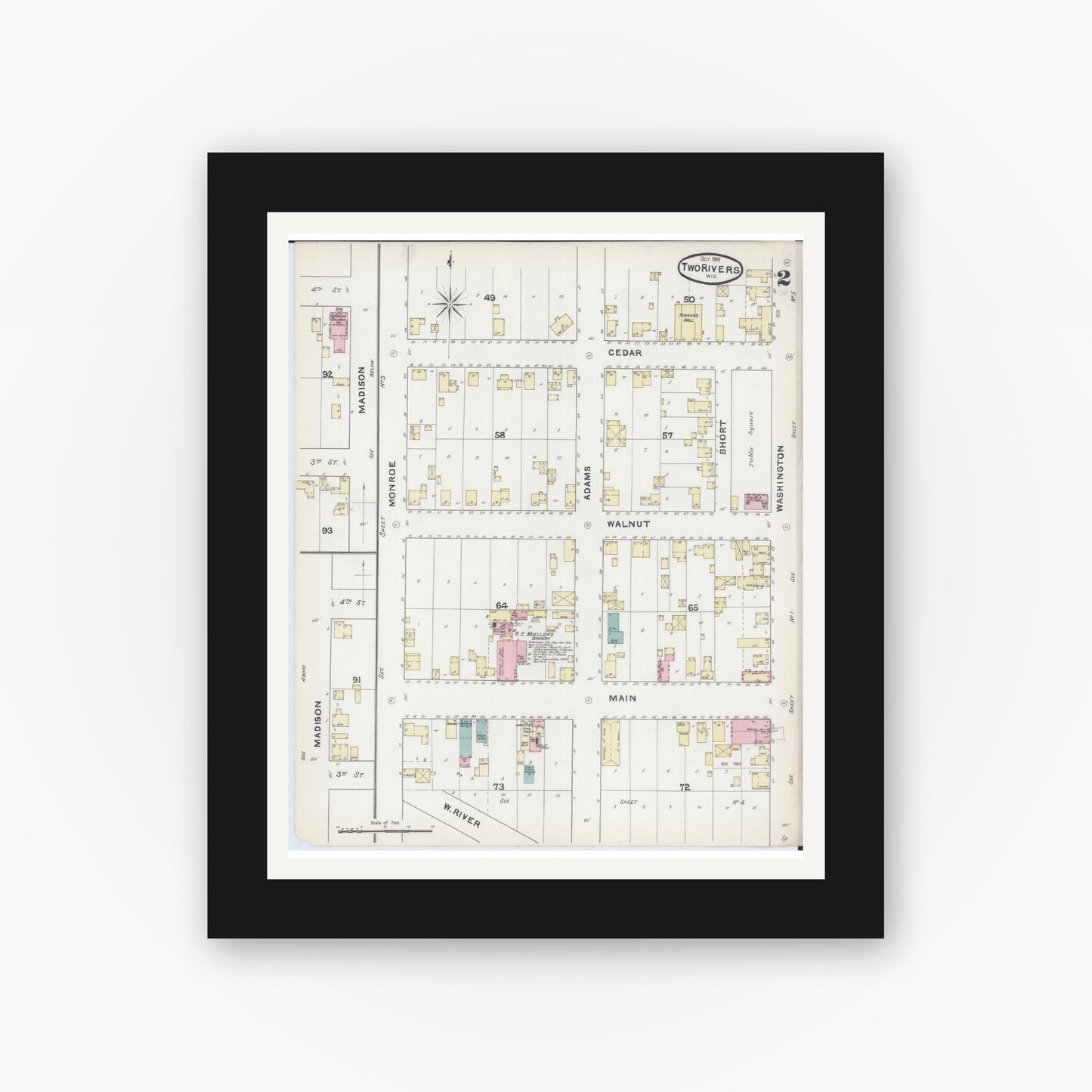 Old map wall art mockup — black gallery frame with white mat — Sanborn Fire Insurance Map from Two Rivers, Manitowoc County, Wisconsin (1891), Sheet #0002