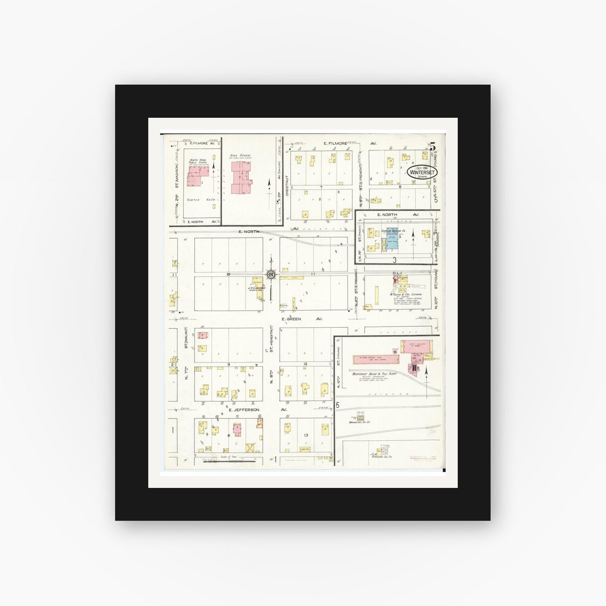 Old map wall art mockup — black gallery frame with white mat — Sanborn Fire Insurance Map from Winterset, Madison County, Iowa (1916), Sheet #0005