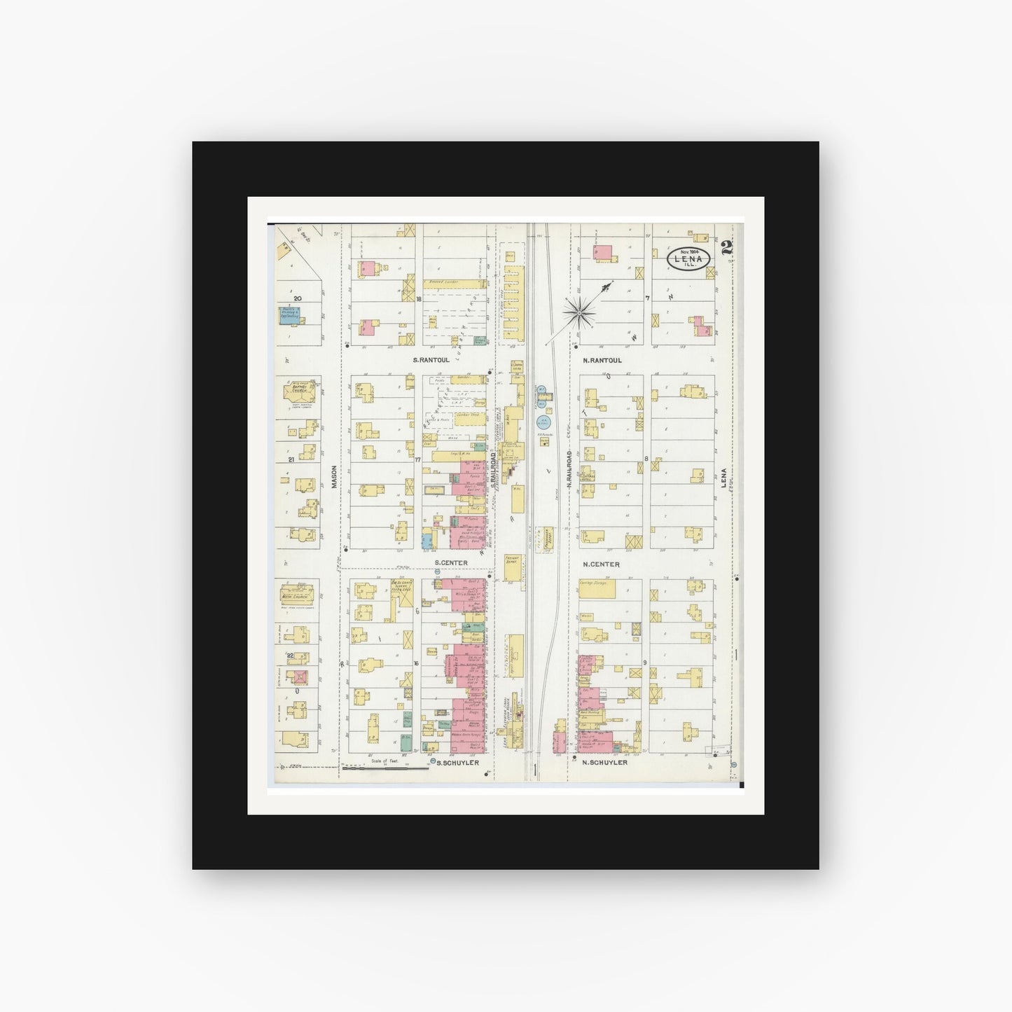 Old map wall art mockup — black gallery frame with white mat — Sanborn Fire Insurance Map from Lena, Stephenson County, Illinois (1904), Sheet #0002