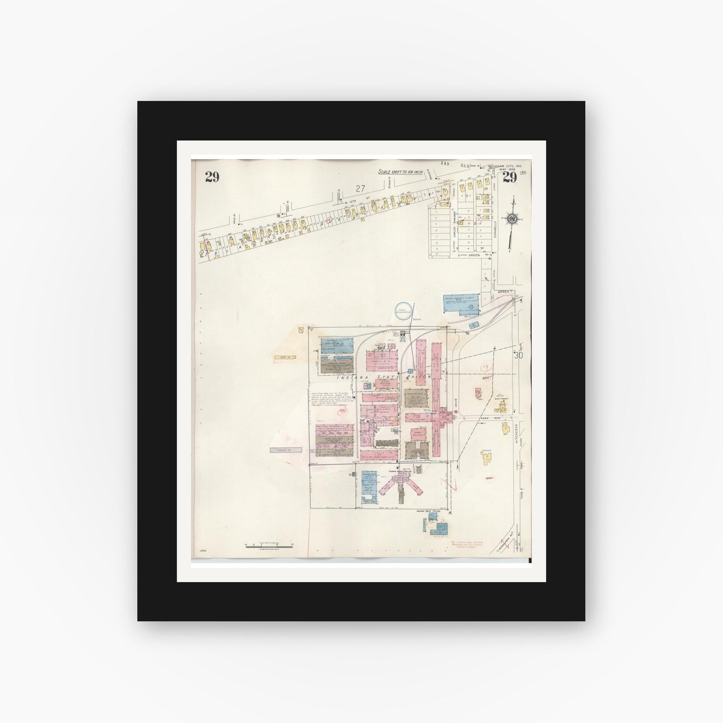 Old map wall art mockup — black gallery frame with white mat — Sanborn Fire Insurance Map from Michigan City, La Porte County, Indiana (1948), Sheet #0029