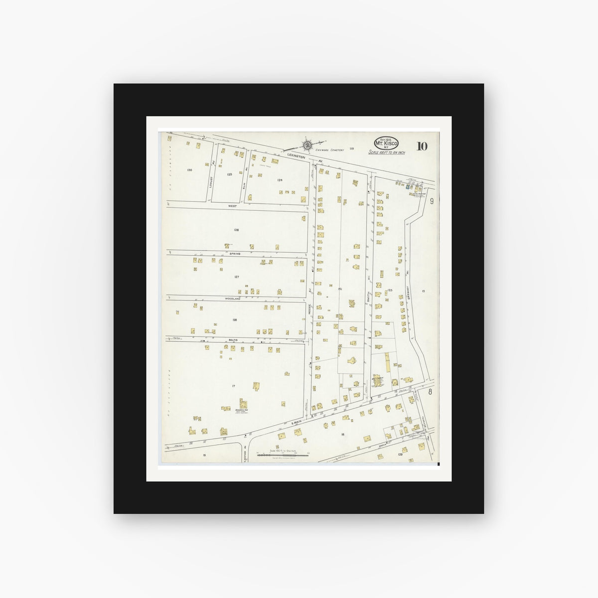 Old map wall art mockup — black gallery frame with white mat — Sanborn Fire Insurance Map from Mount Kisco, Westchester County, New York (1916), Sheet #0010