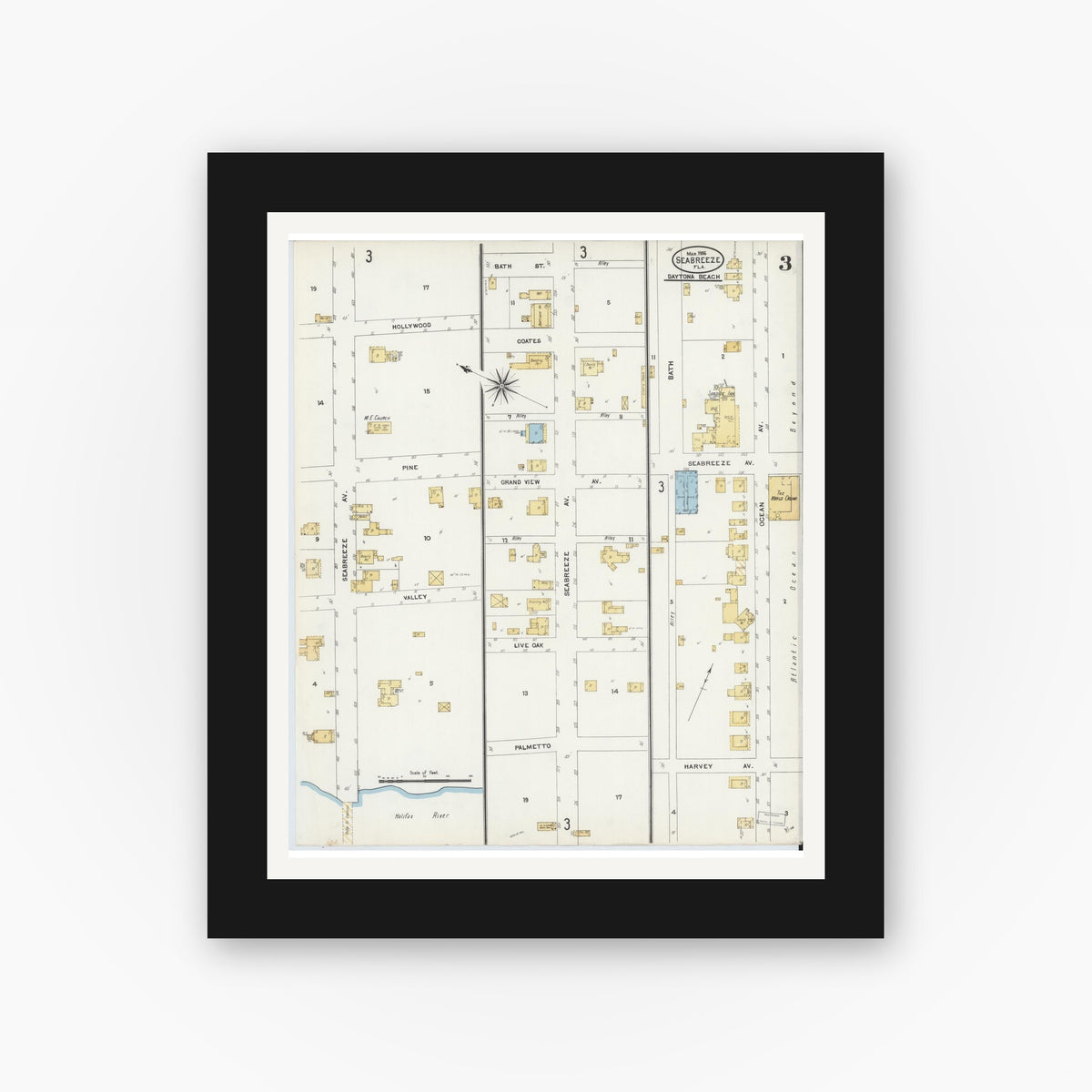 Old map wall art mockup — black gallery frame with white mat — Sanborn Fire Insurance Map from Seabreeze, Volusia County, Florida (1906), Sheet #0003