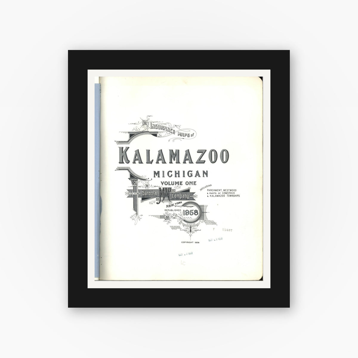 Old map wall art mockup — black gallery frame with white mat — Sanborn Fire Insurance Map from Kalamazoo, Kalamazoo County, Michigan (1958), Sheet #0001
