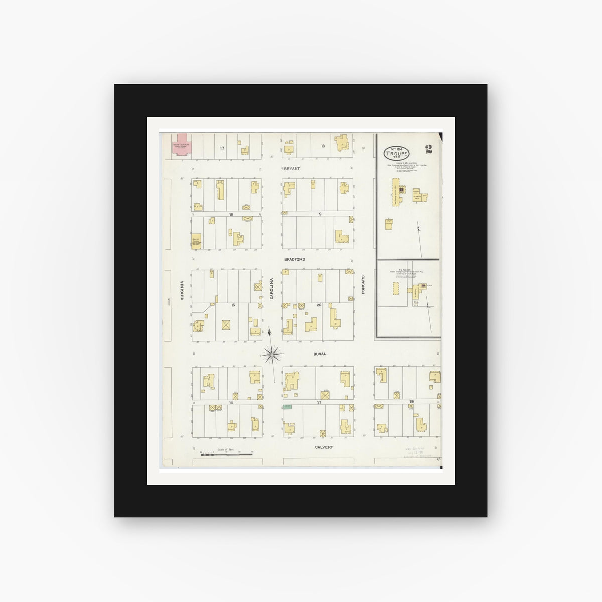 Old map wall art mockup — black gallery frame with white mat — Sanborn Fire Insurance Map from Troup, Smith County, Texas (1904), Sheet #0002