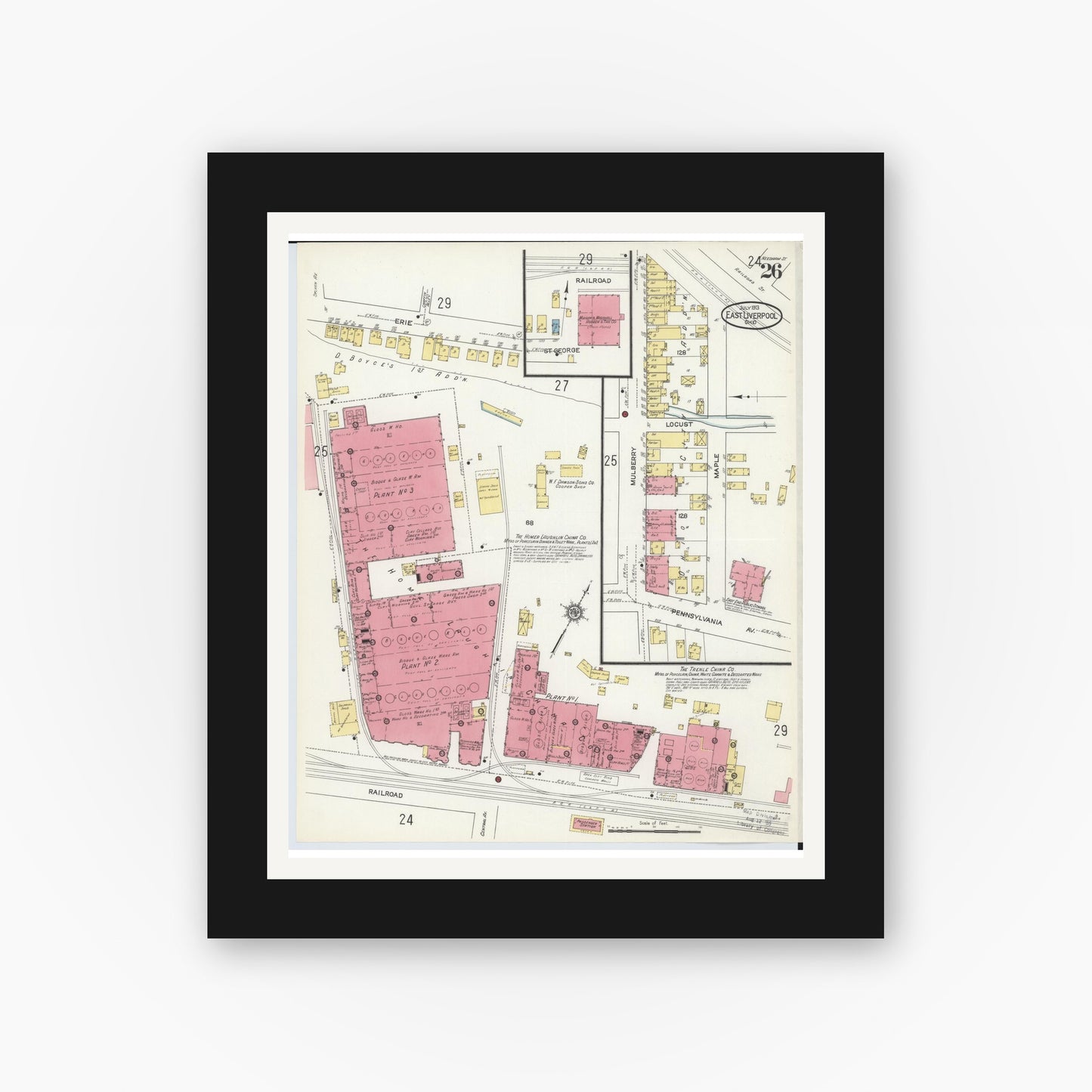 Old map wall art mockup — black gallery frame with white mat — Sanborn Fire Insurance Map from East Liverpool, Columbiana County, Ohio (1913), Sheet #0026