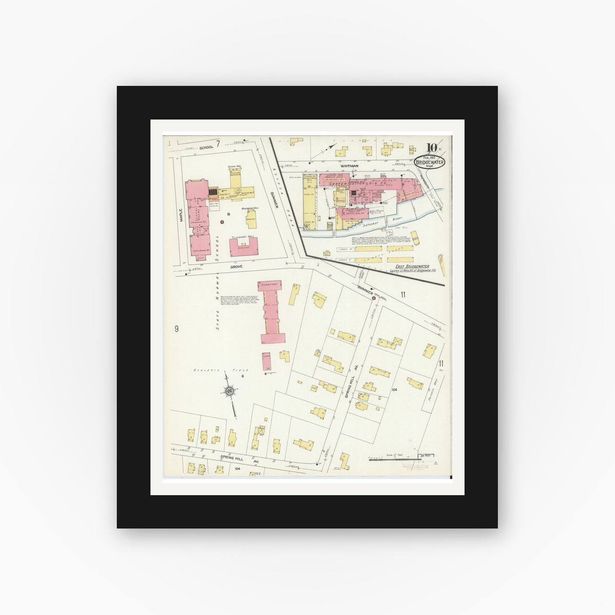 Old map wall art mockup — black gallery frame with white mat — Sanborn Fire Insurance Map from Bridgewater, Plymouth County, Massachusetts (1912), Sheet #0010