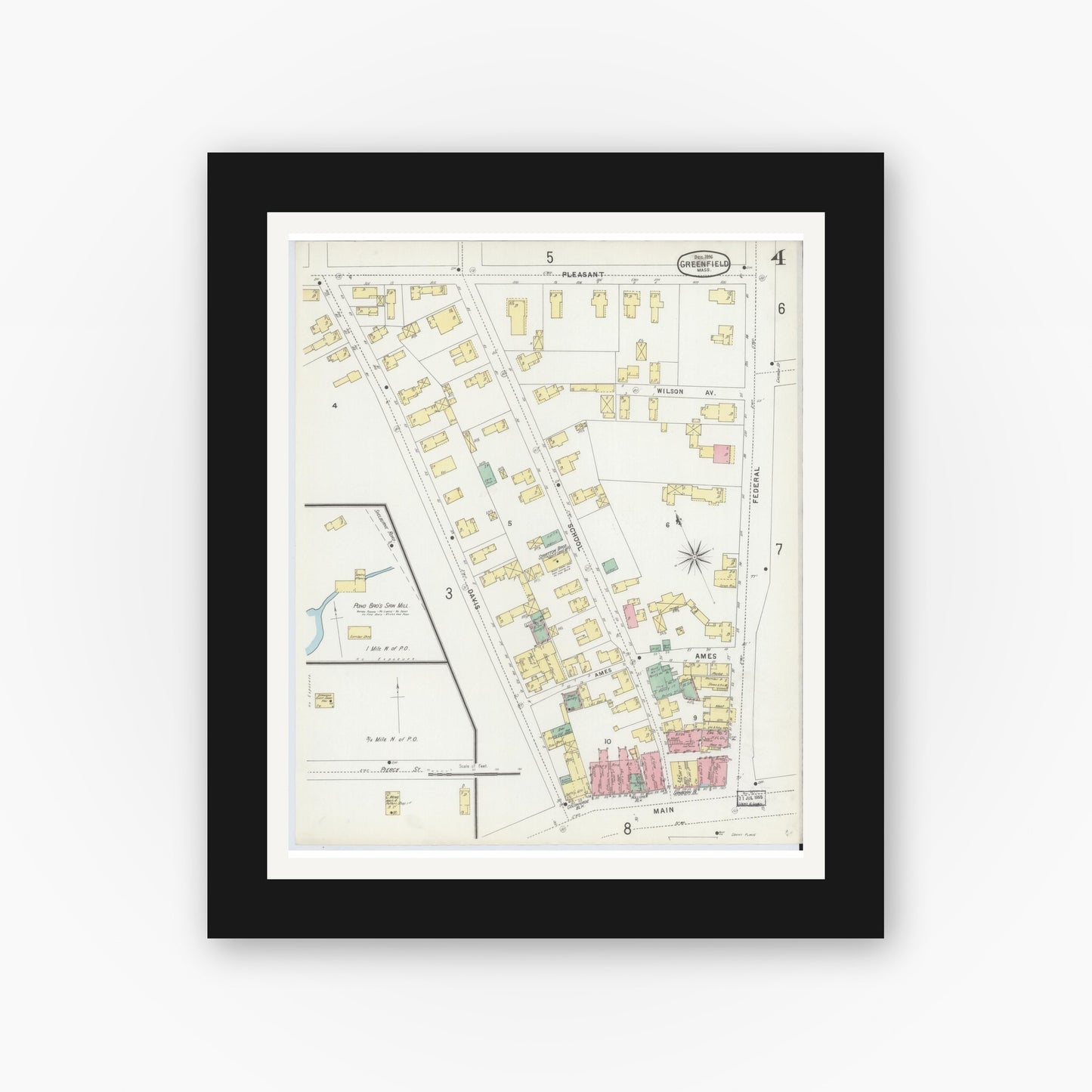 Old map wall art mockup — black gallery frame with white mat — Sanborn Fire Insurance Map from Greenfield, Franklin County, Massachusetts (1896), Sheet #0004