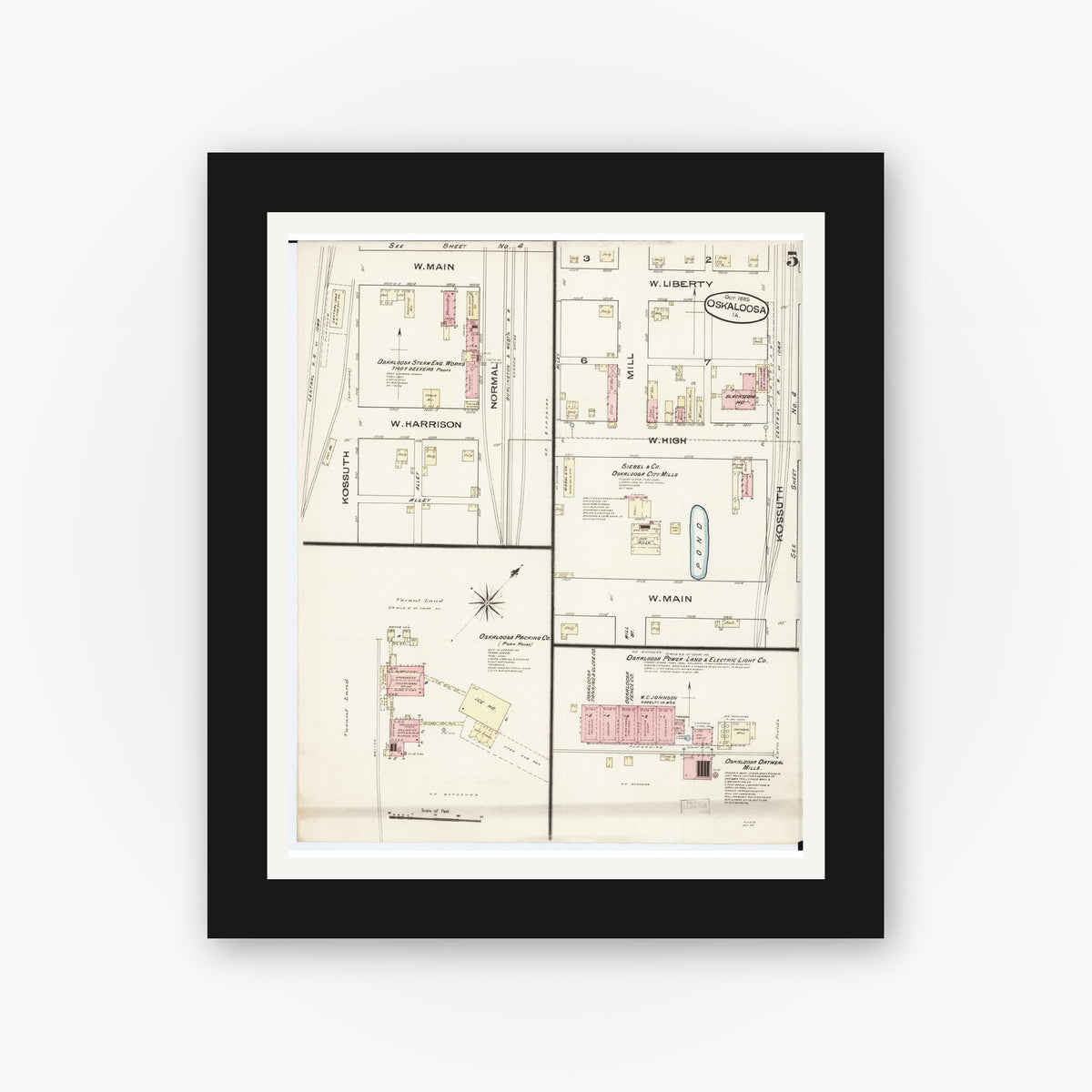 Old map wall art mockup — black gallery frame with white mat — Sanborn Fire Insurance Map from Oskaloosa, Mahaska County, Iowa (1885), Sheet #0005