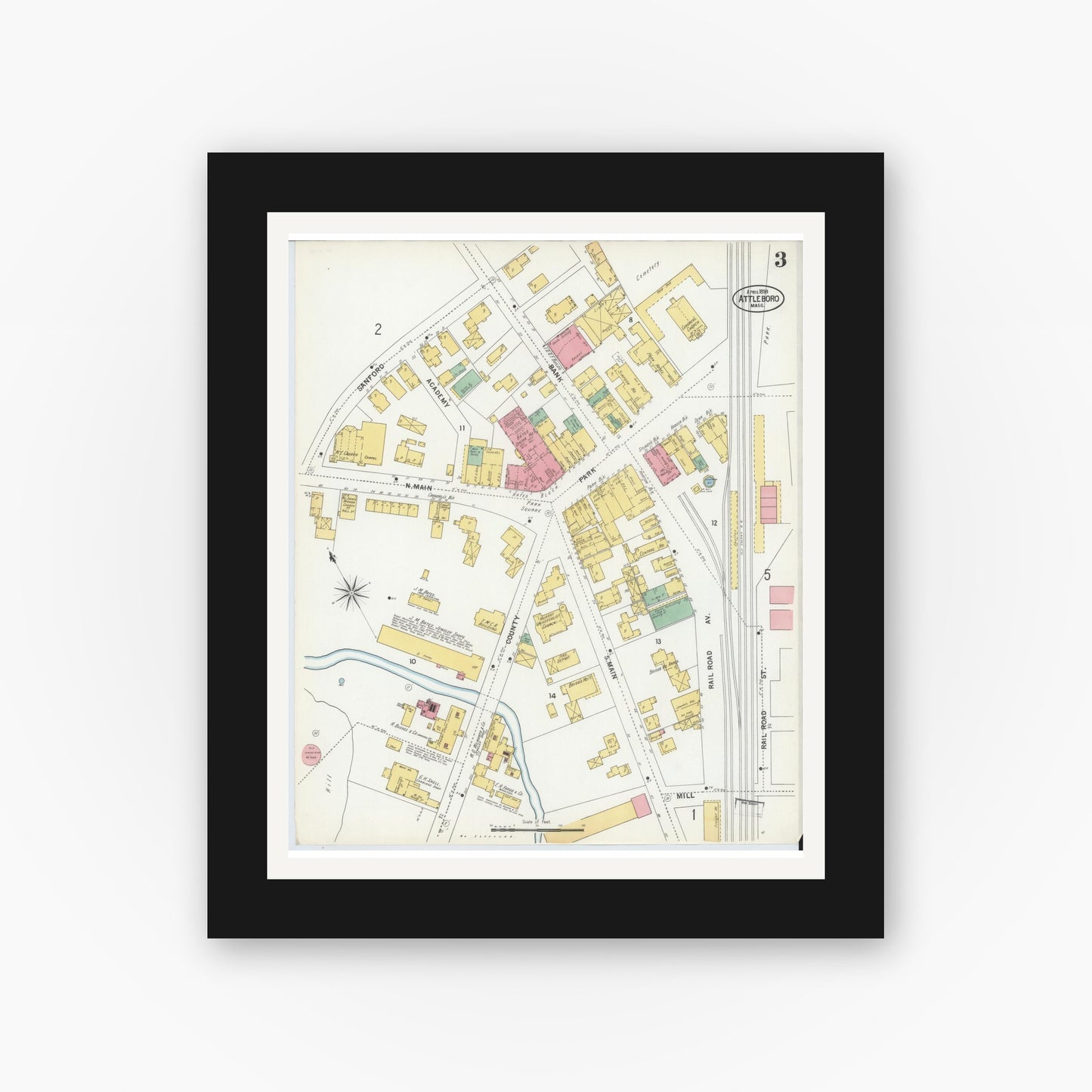 Old map wall art mockup — black gallery frame with white mat — Sanborn Fire Insurance Map from Attleboro, Bristol County, Massachusetts (1899), Sheet #0003