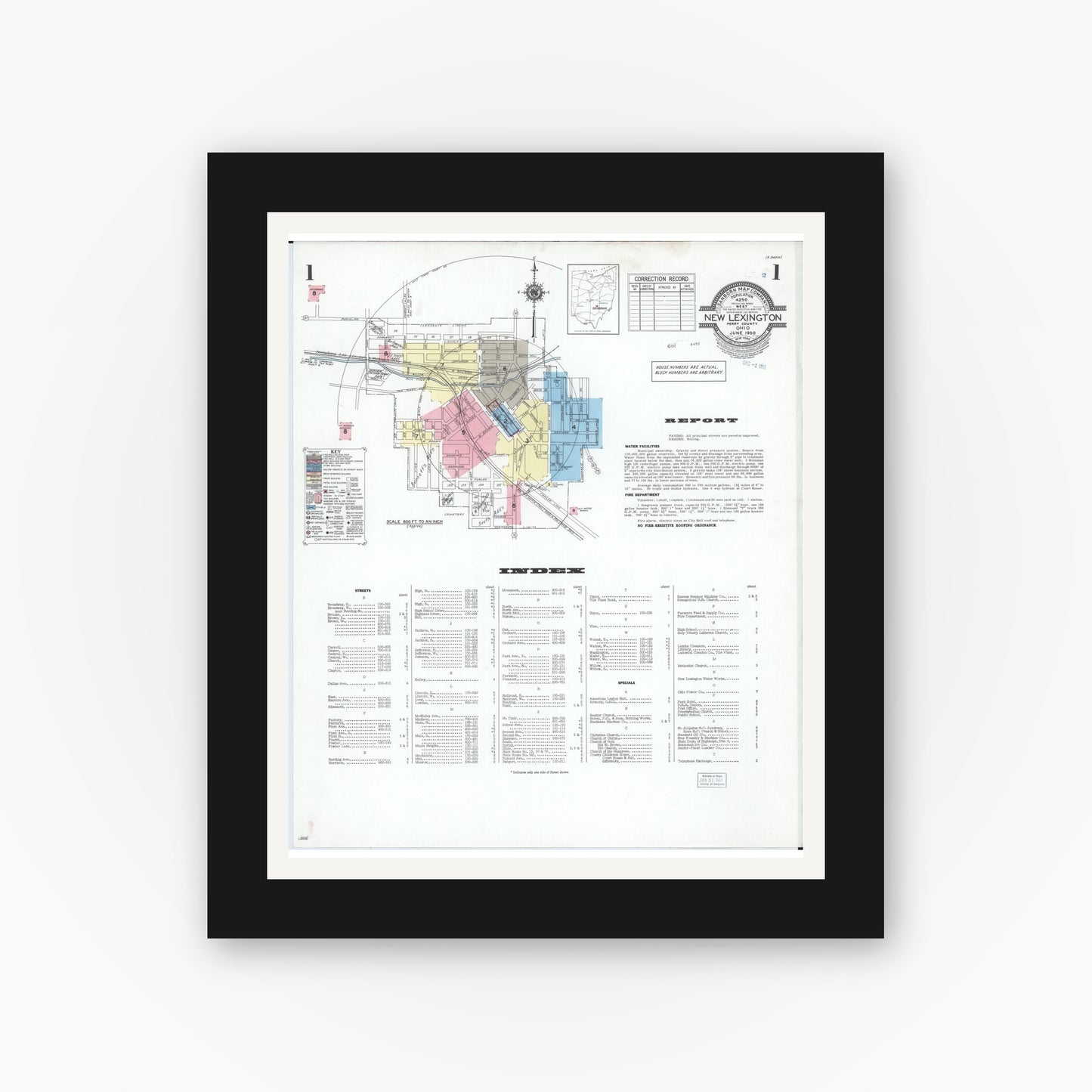 Old map wall art mockup — black gallery frame with white mat — Sanborn Fire Insurance Map from New Lexington, Perry County, Ohio (1950) - Complete Map Set