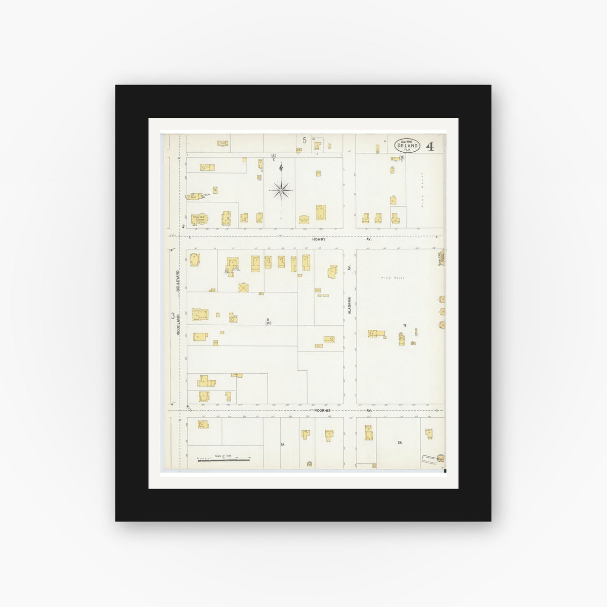 Old map wall art mockup — black gallery frame with white mat — Sanborn Fire Insurance Map from De Land, Volusia County, Florida (1903), Sheet #0004