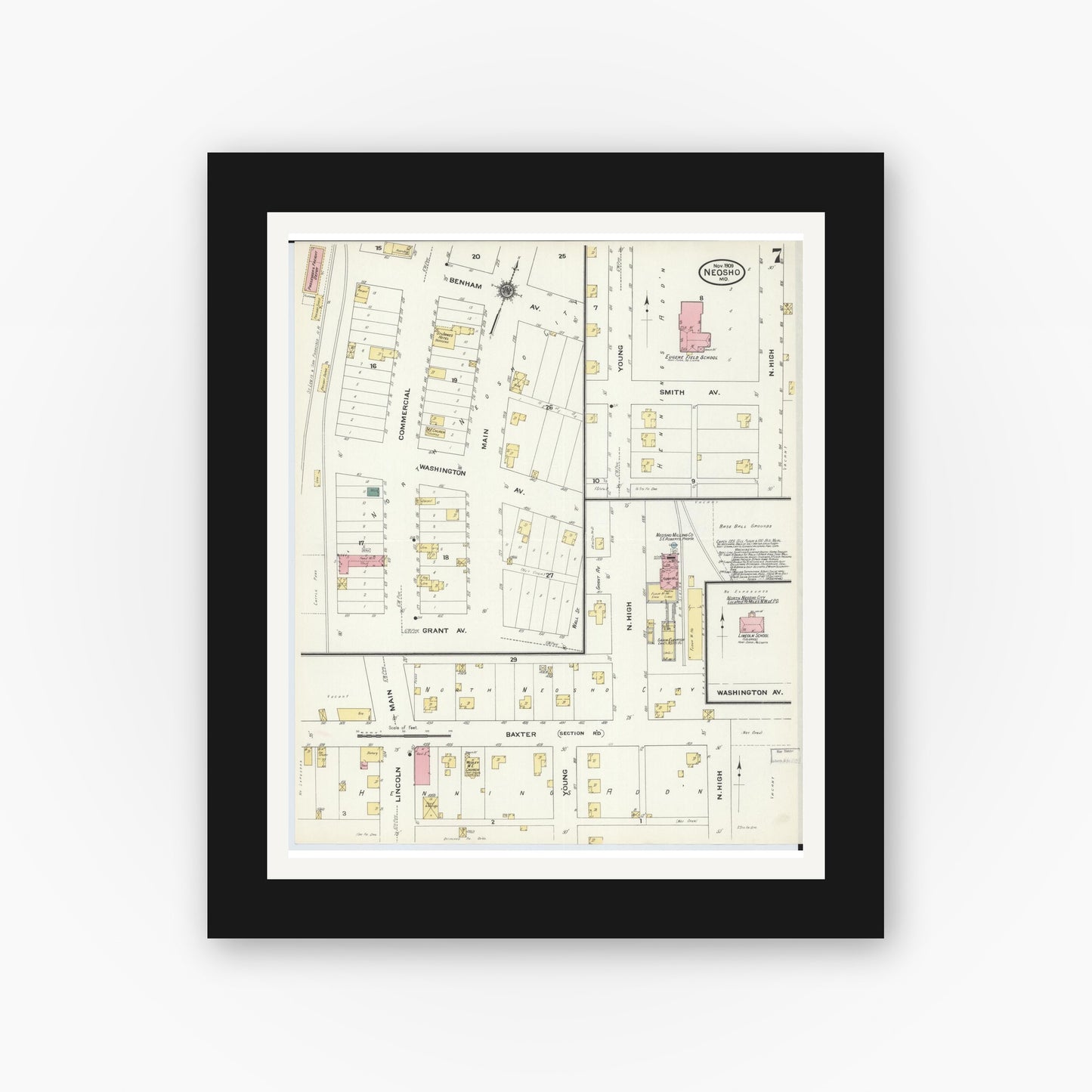 Old map wall art mockup — black gallery frame with white mat — Sanborn Fire Insurance Map from Neosho, Newton County, Missouri (1909), Sheet #0007