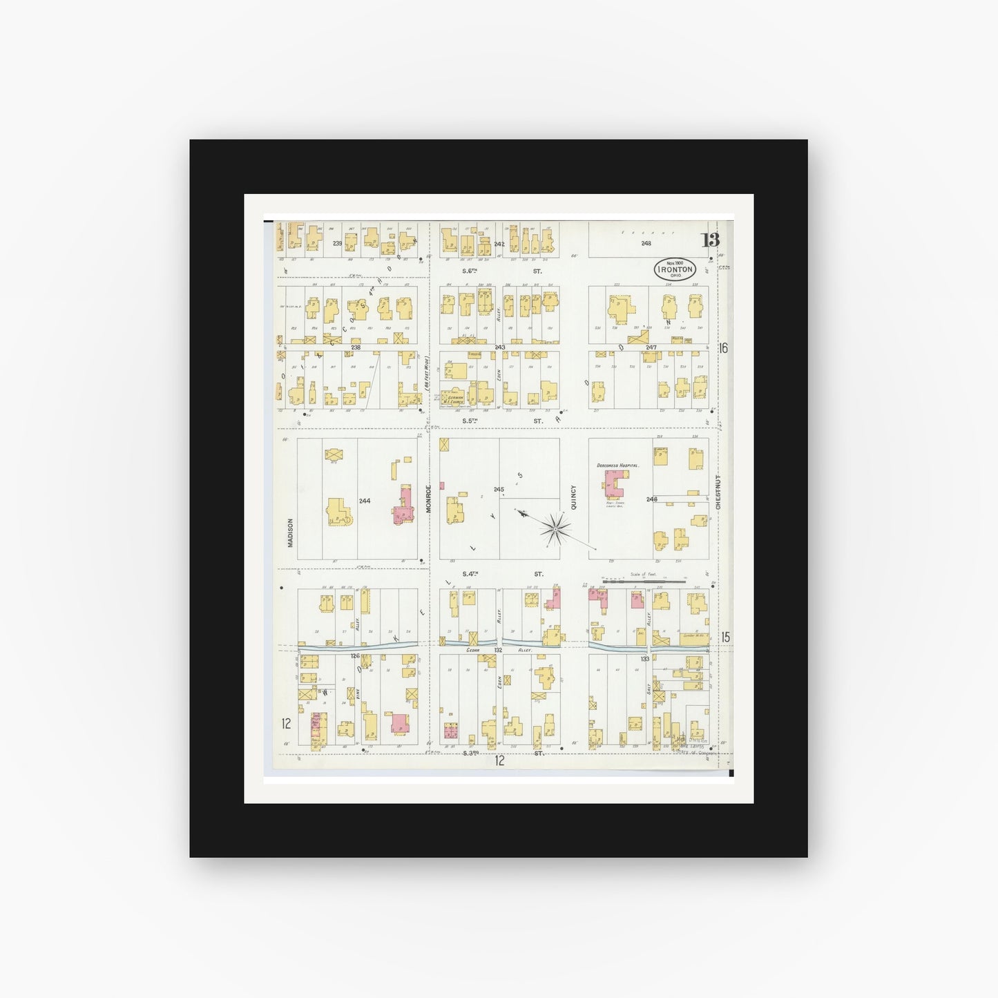 Old map wall art mockup — black gallery frame with white mat — Sanborn Fire Insurance Map from Ironton, Lawrence County, Ohio (1900), Sheet #0013