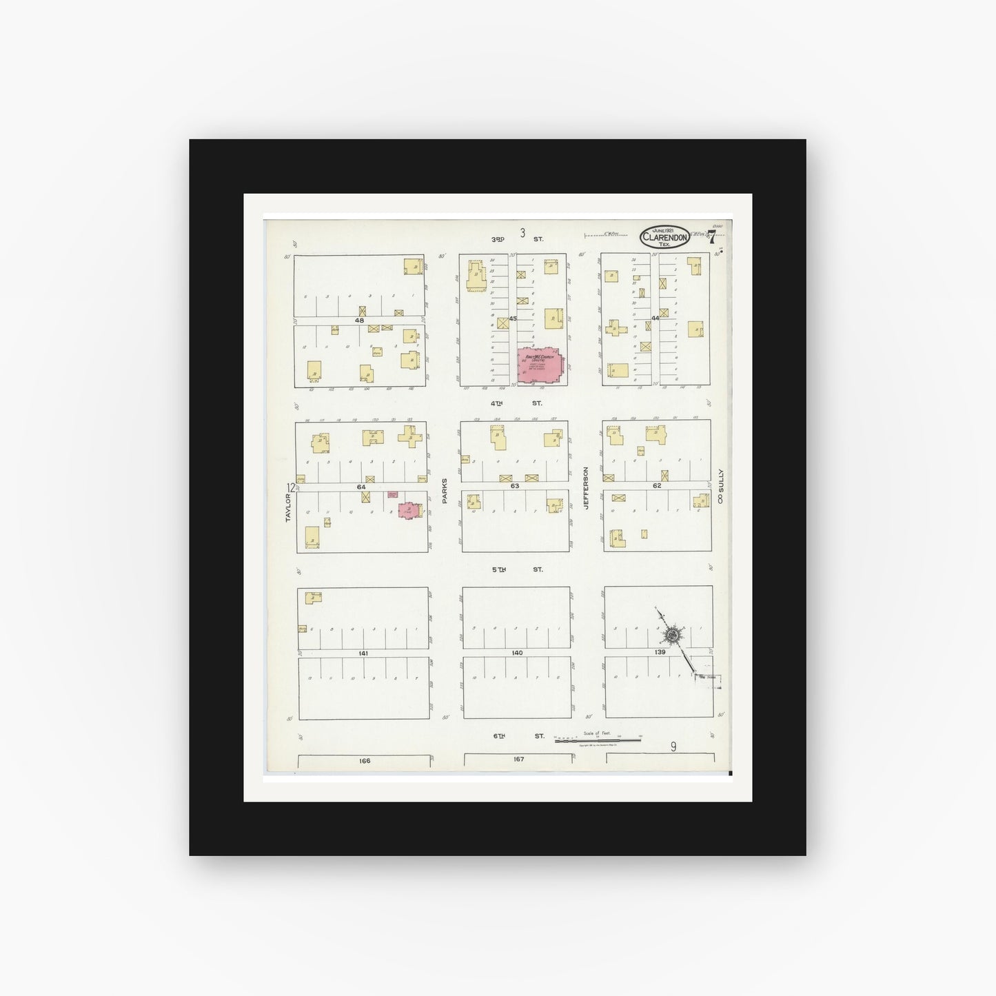 Old map wall art mockup — black gallery frame with white mat — Sanborn Fire Insurance Map from Clarendon, Donley County, Texas (1921), Sheet #0007
