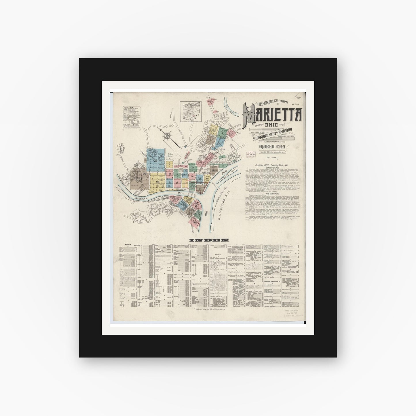 Old map wall art mockup — black gallery frame with white mat — Sanborn Fire Insurance Map from Marietta, Washington County, Ohio (1915), Sheet #0001