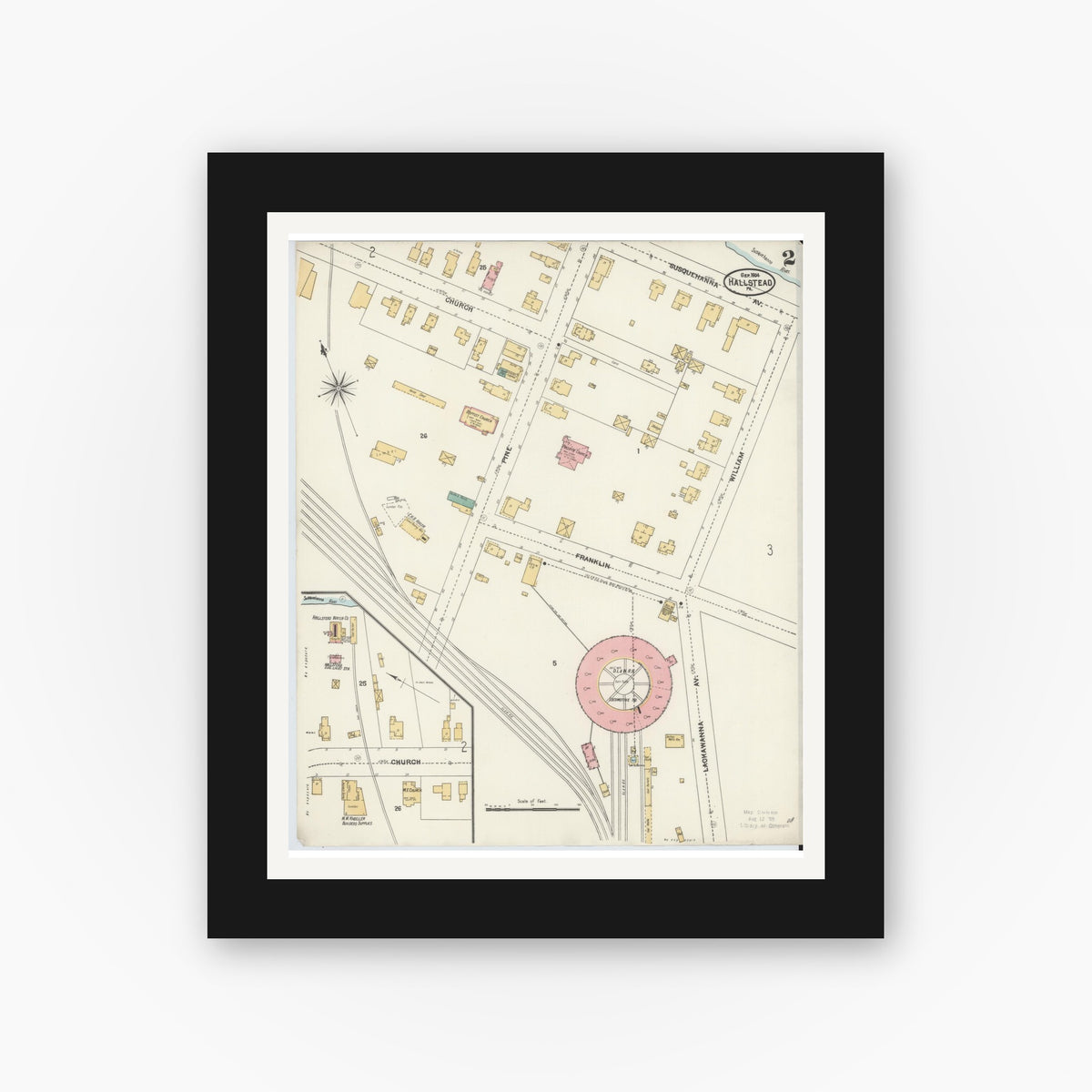 Old map wall art mockup — black gallery frame with white mat — Sanborn Fire Insurance Map from Hallstead, Susquehanna County, Pennsylvania (1904), Sheet #0002